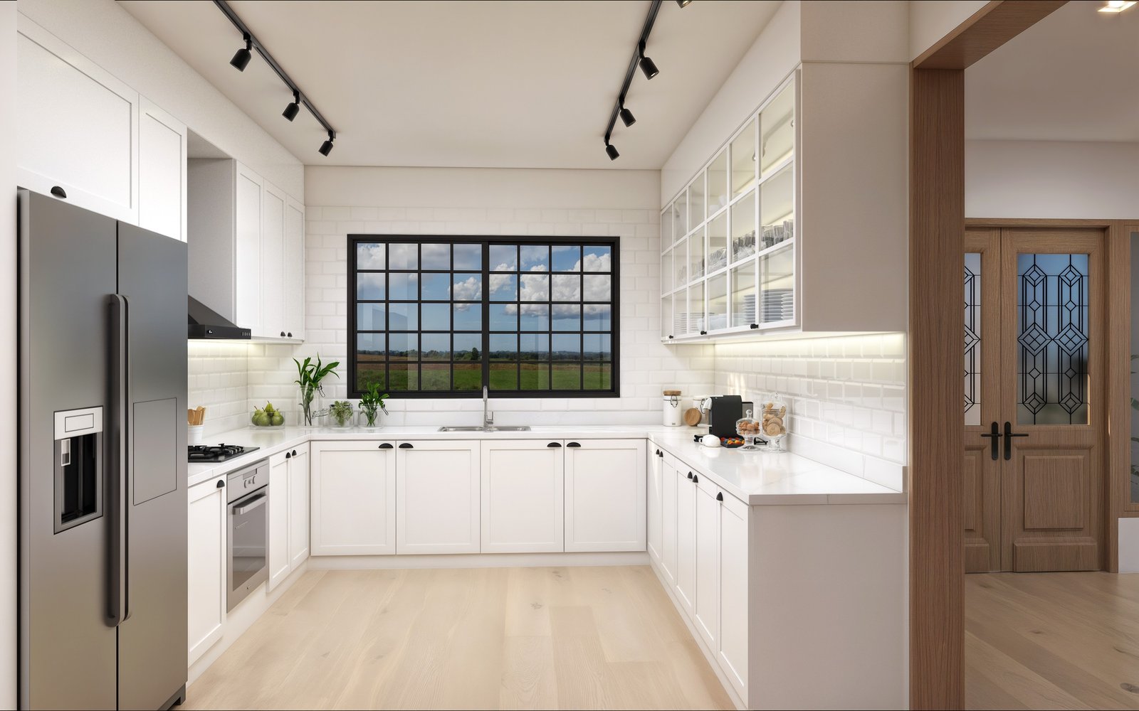 Cocina moderna blanca con ventana grande y estilo escandinavo — proyecto casa PS, por GS arquitectura, en Tabay