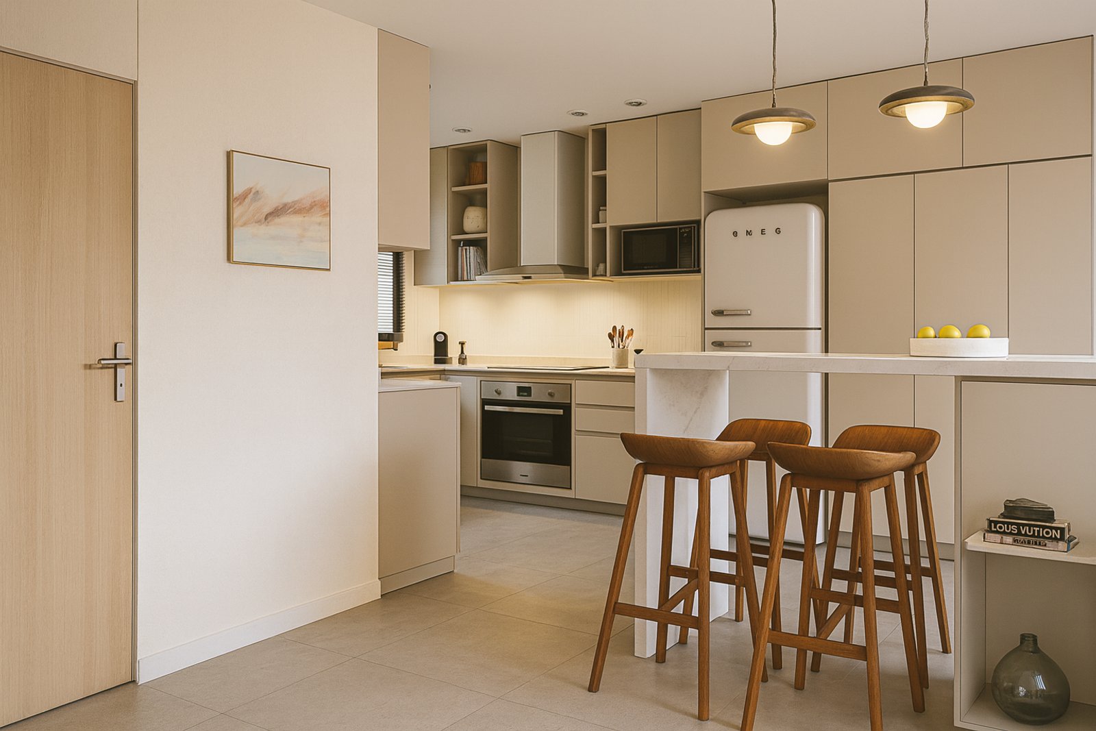 Cocina moderna estilo escandinavo con isla y barra — proyecto Proyecto Asia, por ivanadesign.estudio, en San Bernardo del Tuyú