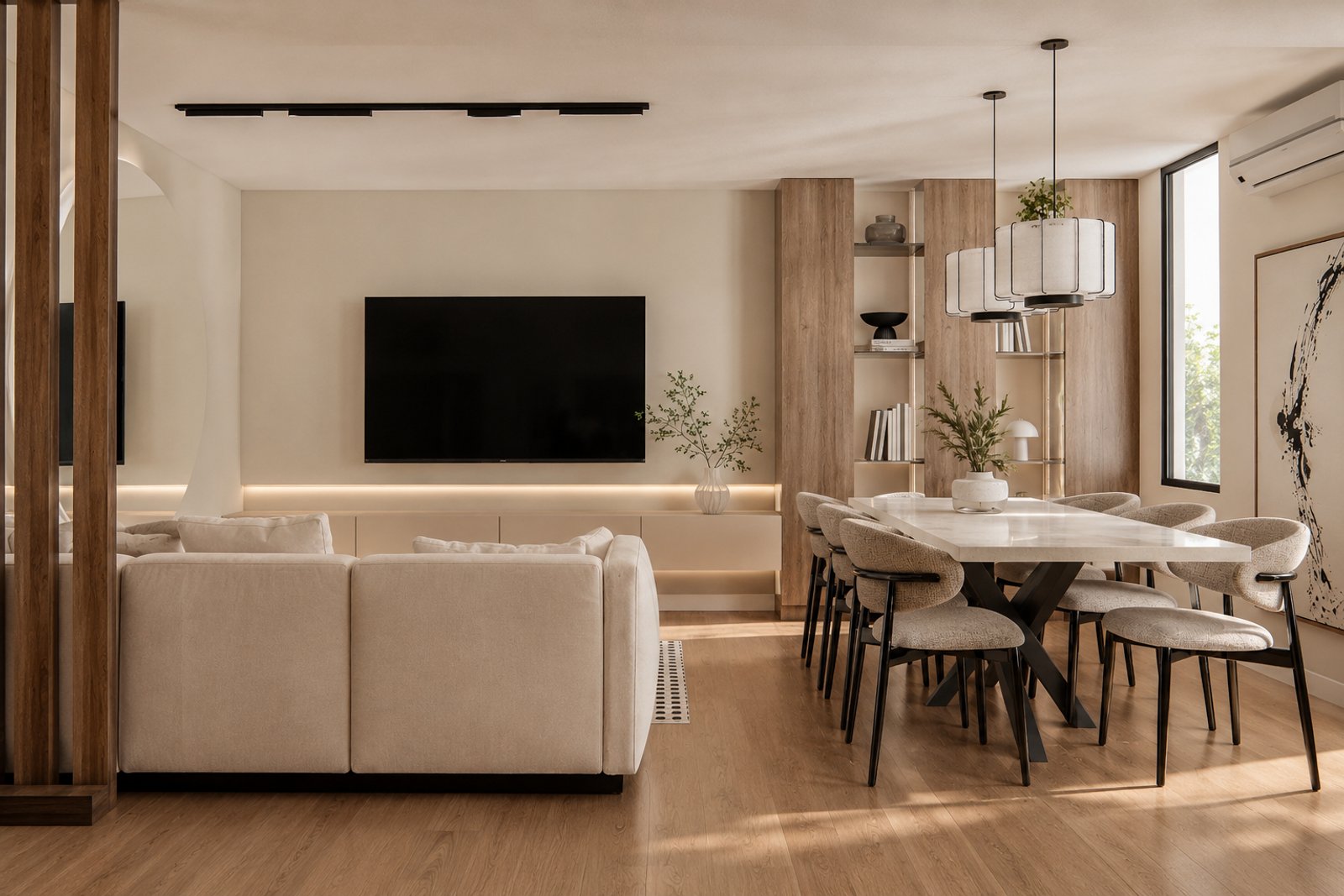Living comedor moderno, sofá beige, mesa blanca, luces colgantes — proyecto Diseño contemporaneo de cocina, living, comedor integrados , por Mela Deco Design, en Buenos Aires