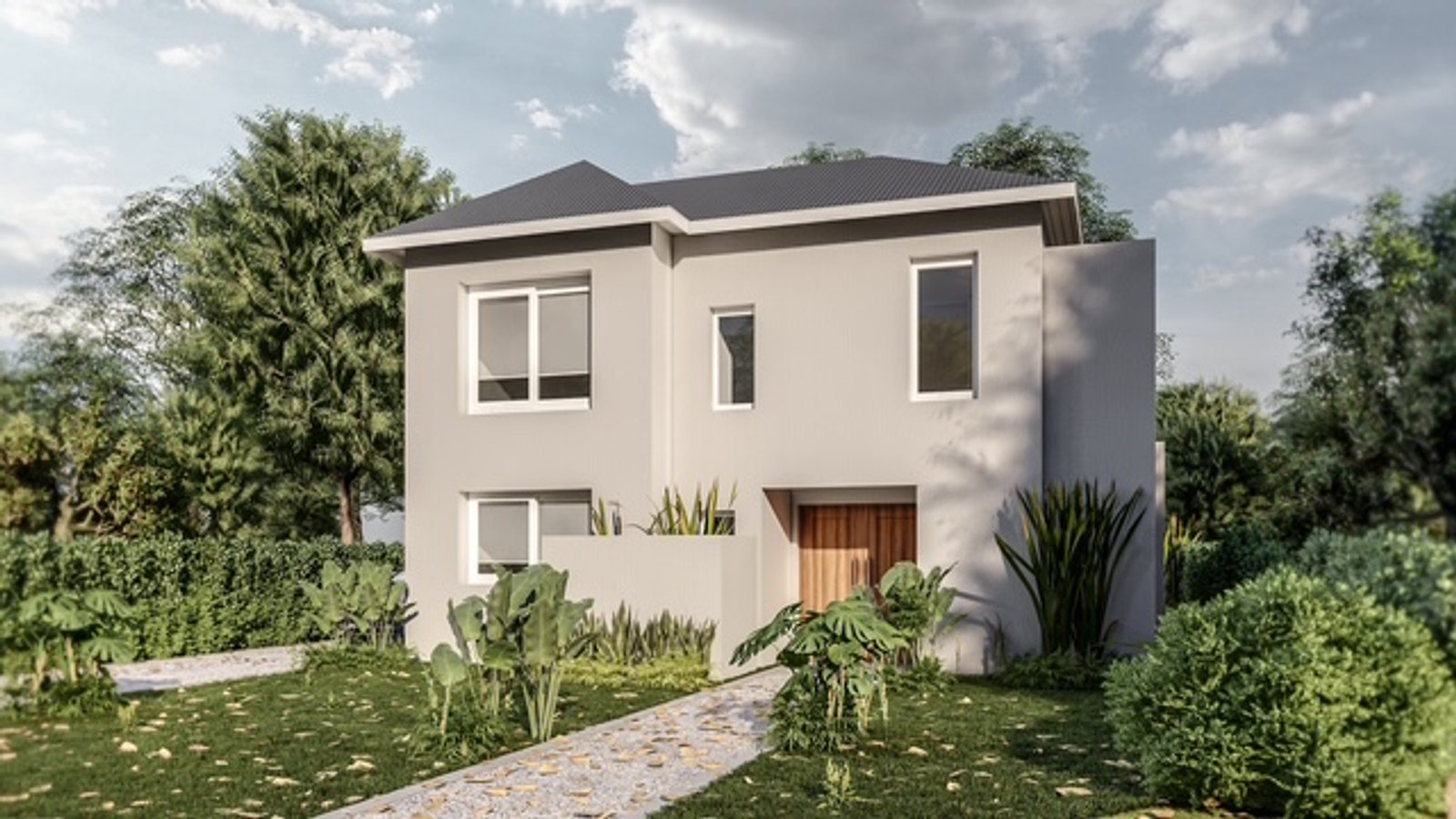 Fachada de casa moderna minimalista de dois andares com jardim — projeto Sta. María de los Olivos, por B|Q STUDIO, em BRM