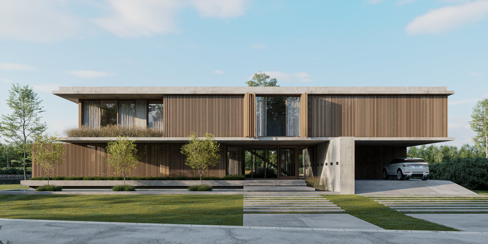 Fachada moderna de casa com lambris de madeira e detalhes em concreto — projeto Casa BRIDGE, por Grupo CRBN, em Av. de los Lagos 1815