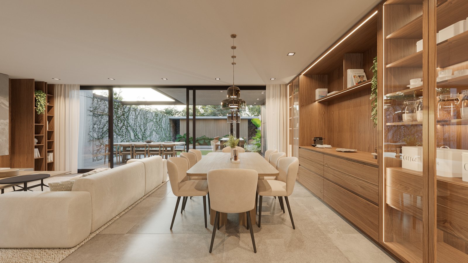 Living comedor moderno con estanterías y muebles de madera — proyecto Casa IZA, por Grupo CRBN, en Villa Urquiza