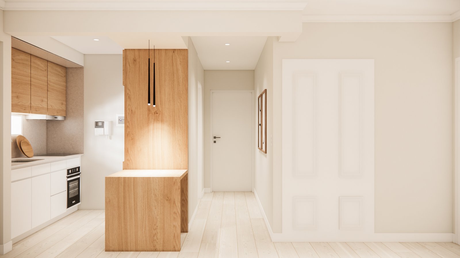 Cozinha moderna estilo escandinavo com ilha de madeira — projeto Diseño de departamento funcional y acogedor, por Mela Deco Design, em Buenos Aires