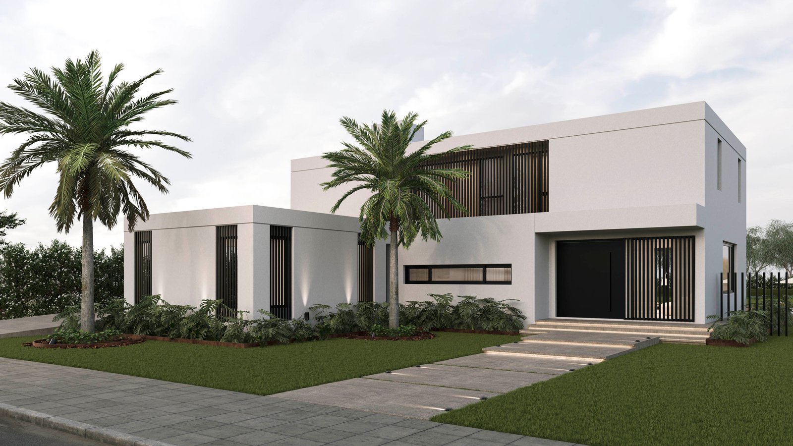 Casa moderna blanca con palmeras y grandes ventanales — proyecto CASA IT SIETE SOLES, por Moyano Arquitectura, en Colectora Au RN 20 km14