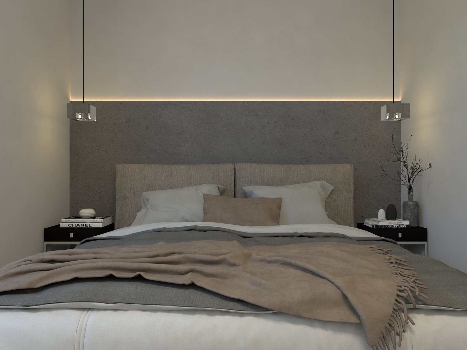 Dormitorio moderno con pared de cemento texturizado y luz cálida — proyecto Edifiicio de Departamentos , por Arquitecto Gustavo Maidana, en Caá Catí