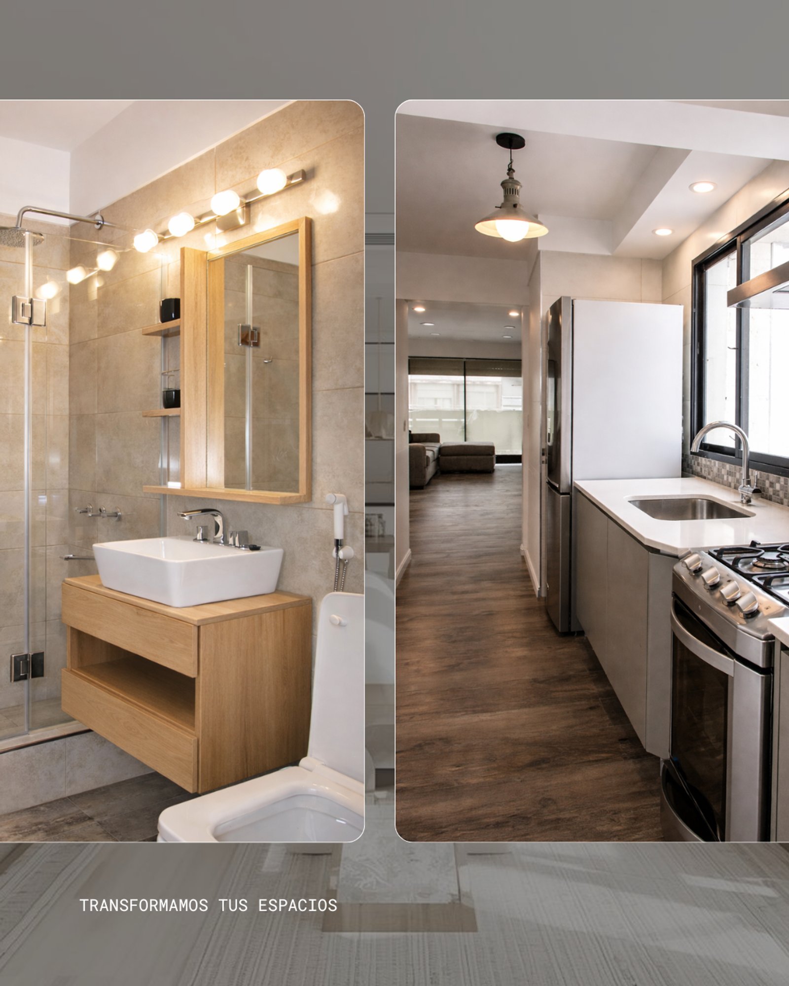 Baño moderno con mueble flotante y cocina integrada — proyecto Nuestros servicios , por uniKKo Estudio de Diseño, en Mar del Plata