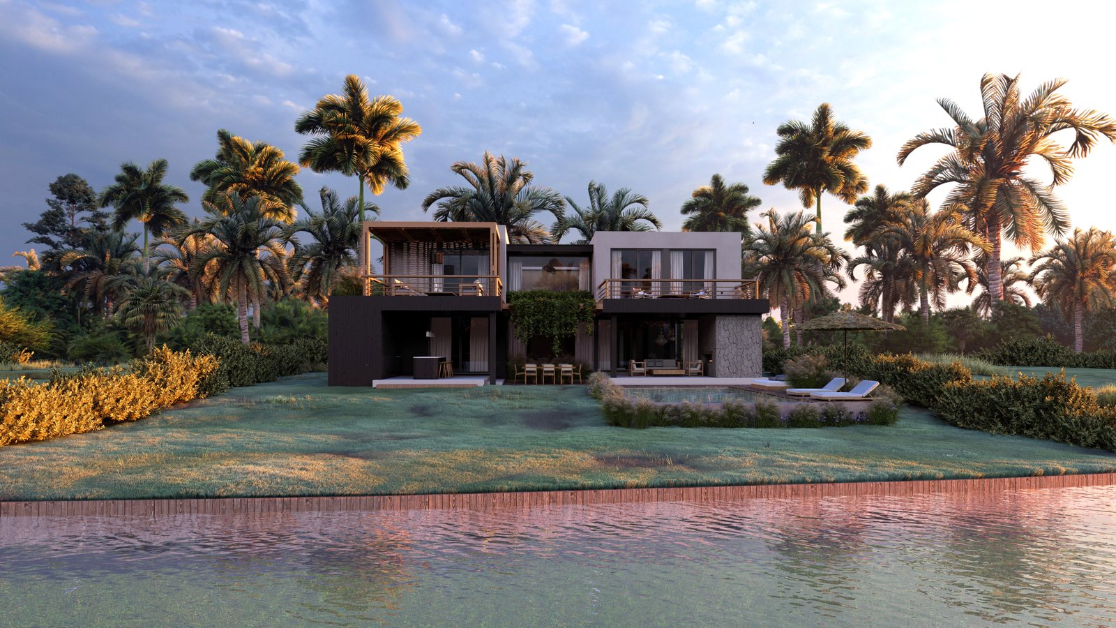 casa moderna frente al mar con vegetación tropical — proyecto Casa AT , por Hermann Arquitectos, en Av. de los Lagos