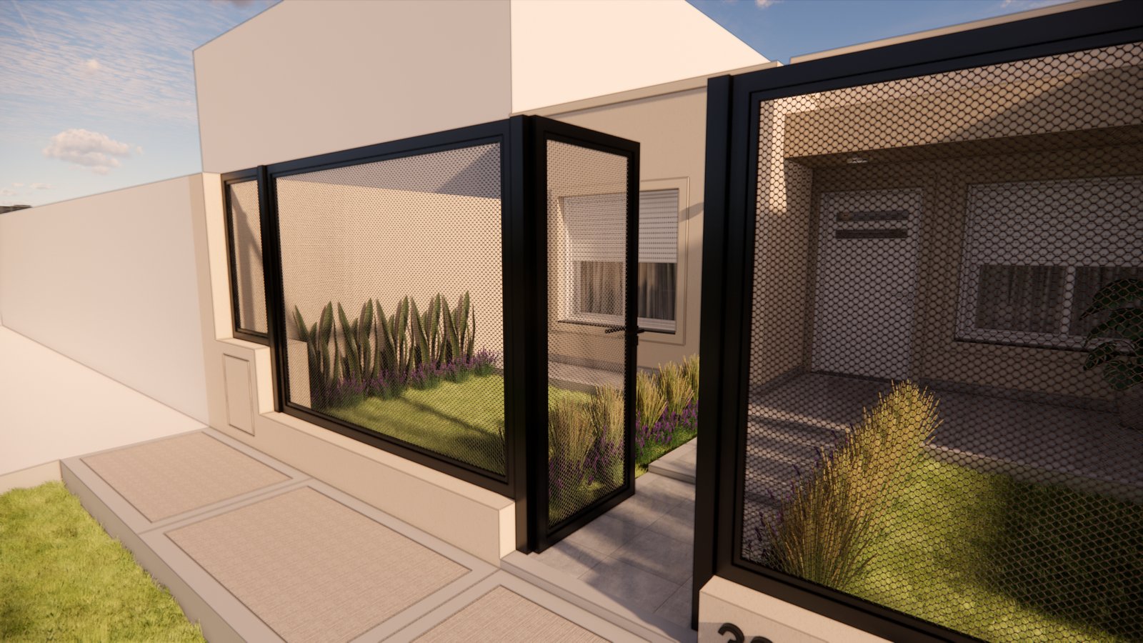 Fachada moderna con patio interior y plantas — proyecto FACHADA GM, por Todo con A, en Villa del Rosario
