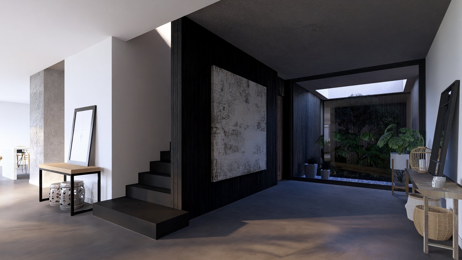 Hall de entrada moderno com escada flutuante e grande obra de arte — projeto Casa FP, por Hermann Arquitectos, em San Isidro