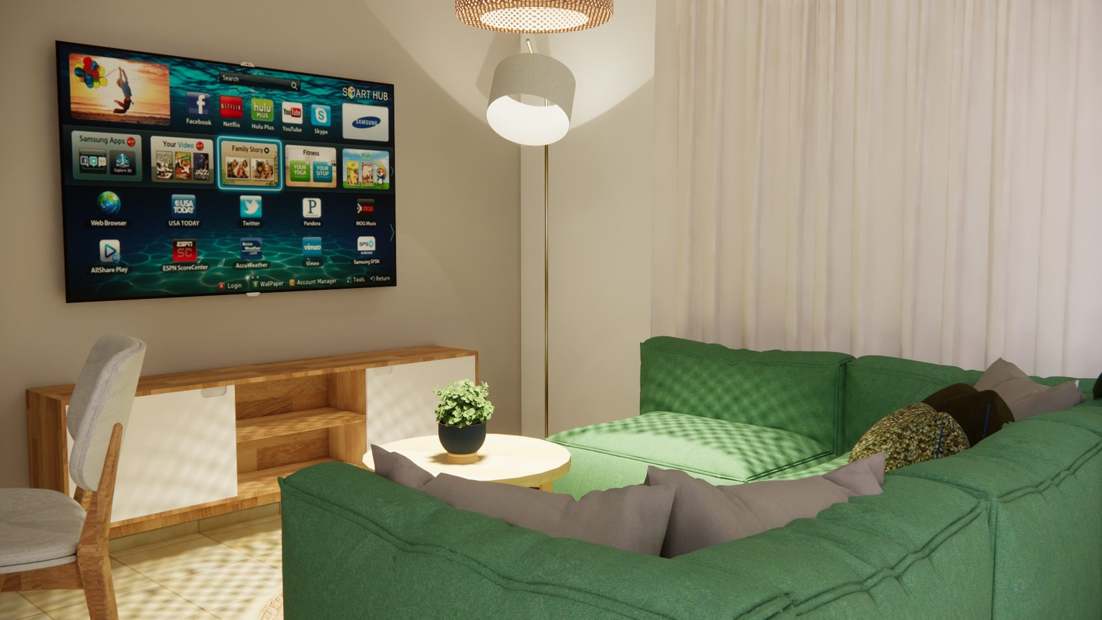 Sala de estar moderna escandinava con sofá modular verde y TV — proyecto REMODELACION FM , por Agustina Llanes Arquitectura, en Resistencia