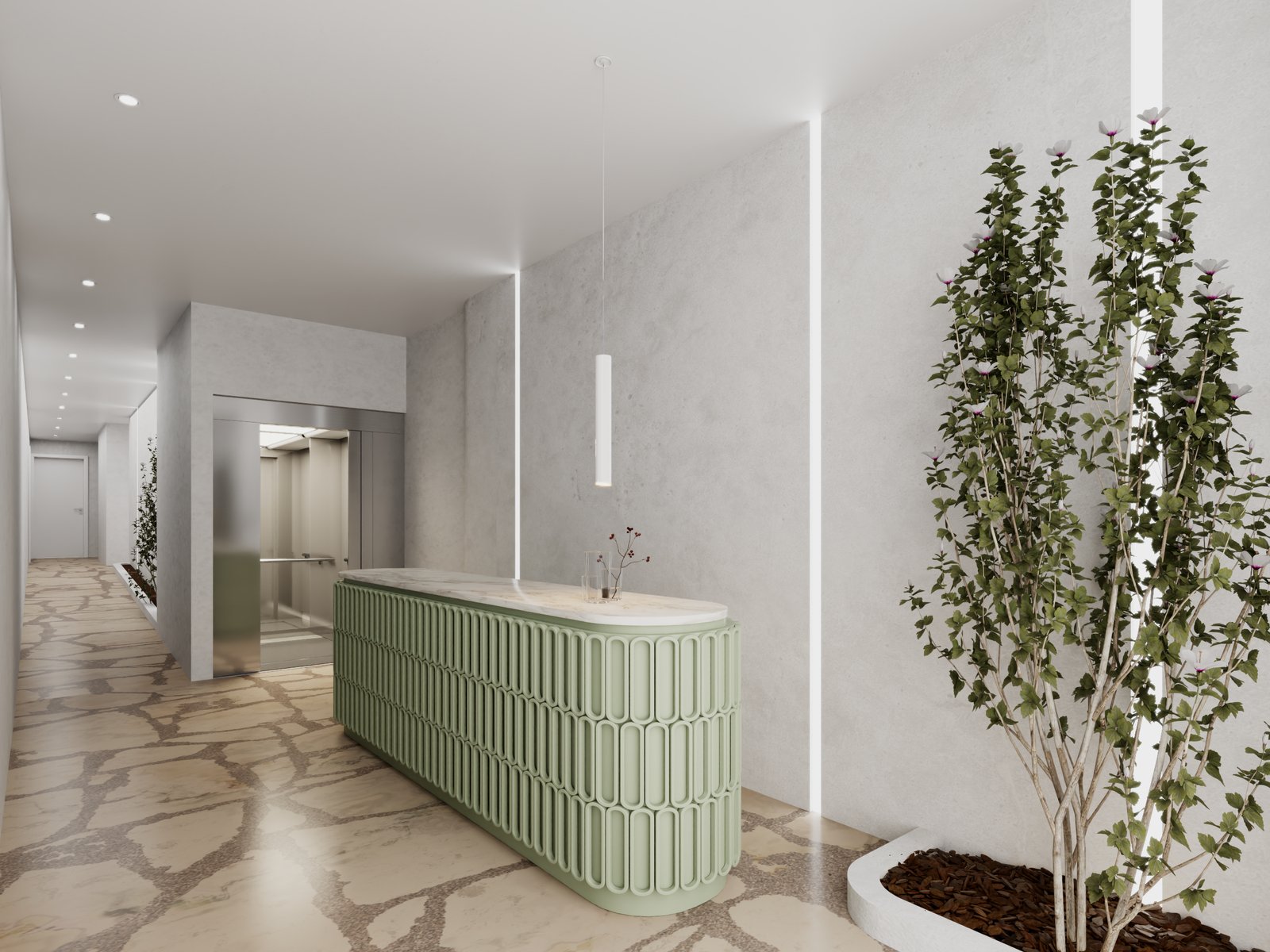 Recepção moderna com balcão curvo e piso de pedra natural — projeto Edificio Juncal, por LW Lopez Wolder arquitectos, em Juncal 2463