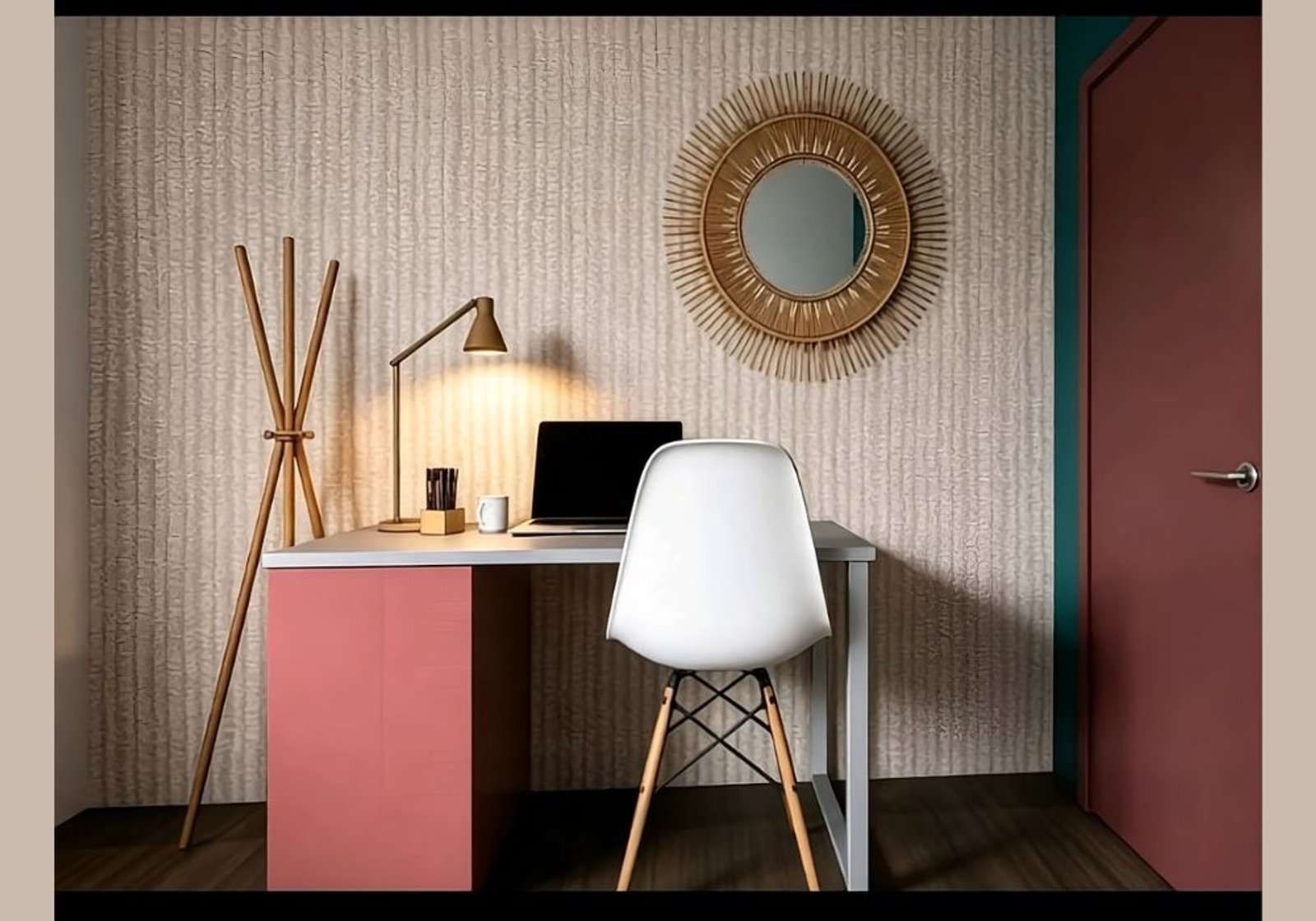 Escritório moderno com mesa rosa e espelho de rattan — projeto Habitación Infantil 3 x 3, por FA DISEÑO Y AMBIENTACION, em Bahía Blanca