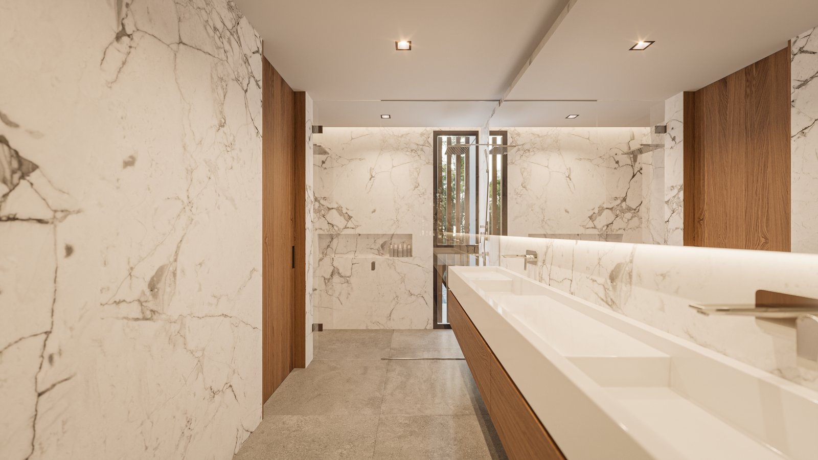 Baño moderno con doble bacha, revestimientos de mármol y madera — proyecto Casa IZA, por Grupo CRBN, en Villa Urquiza