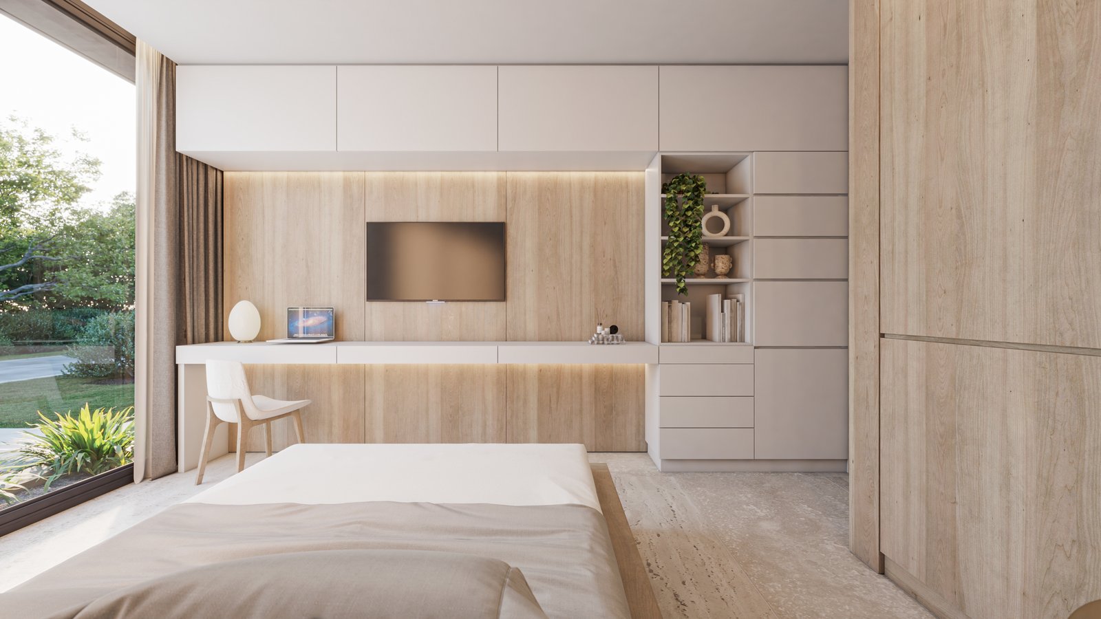 Dormitorio moderno minimalista con pared de madera y mueble integrado — proyecto Casa GOLF, por Grupo CRBN, en Ruta Panamericana Nº. 9