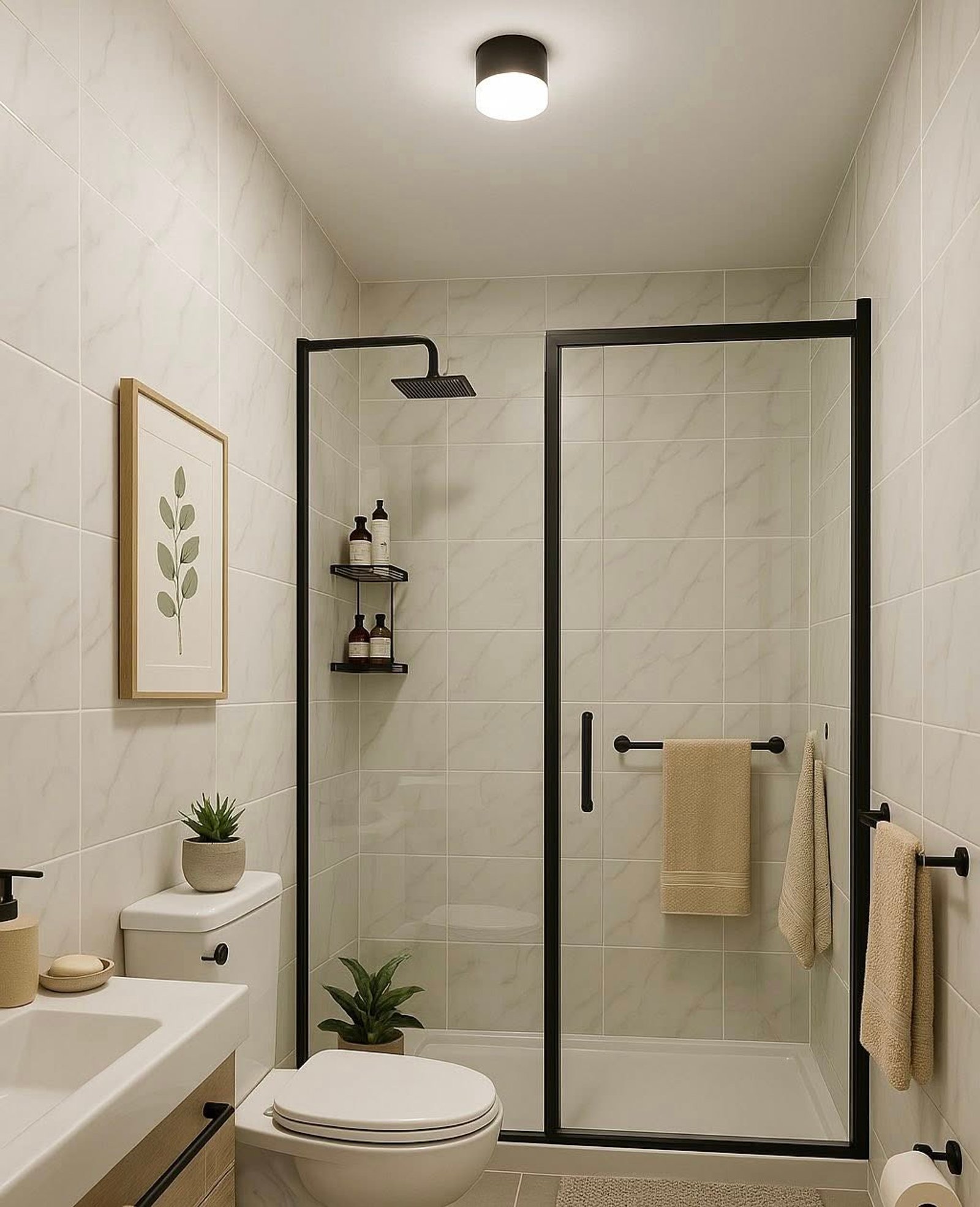 Baño moderno con ducha de cristal, lavabo blanco y baldosas de cerámica — proyecto Departamentos de alquiler, por Arquitecto Gustavo Maidana, en Caá Catí