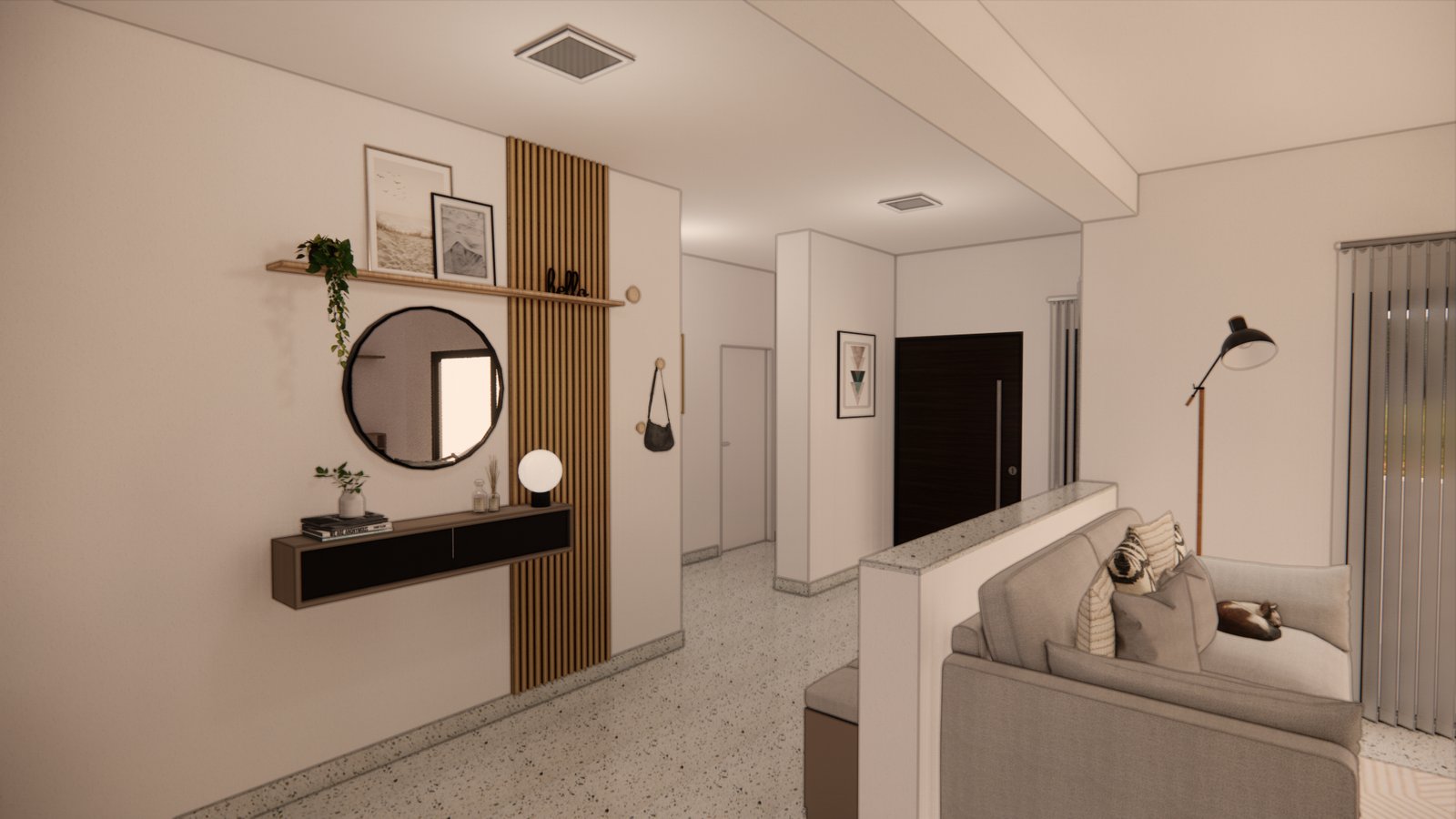 Entrada moderna con espejo redondo y detalles en madera — proyecto PROYECTO MJC, por Todo con A, en X5125 Monte Cristo
