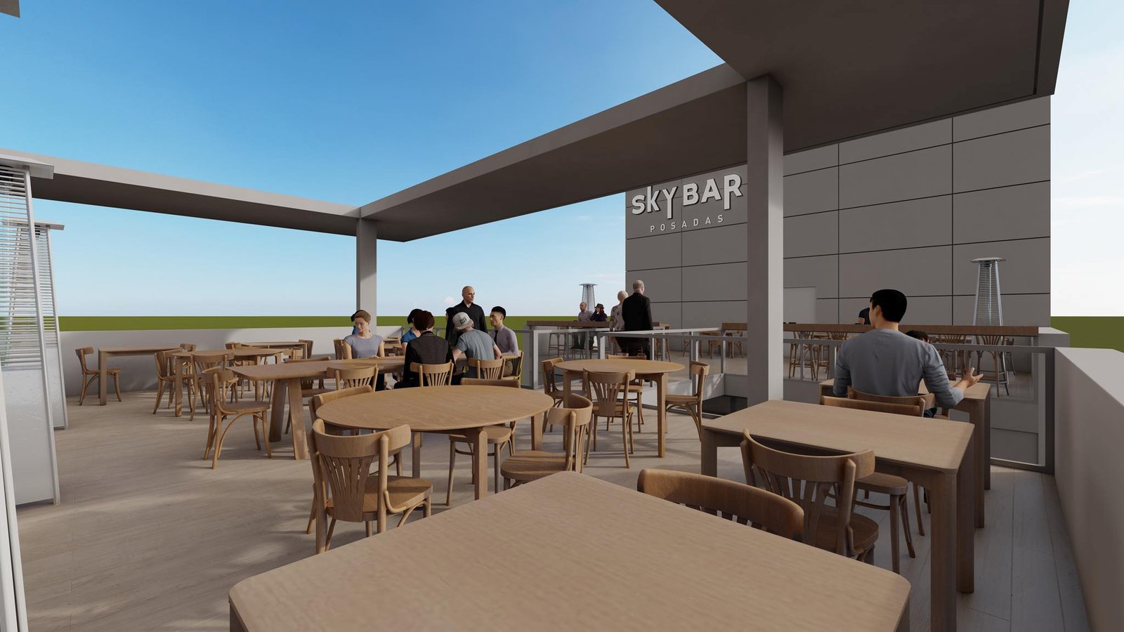 Terraço de bar ao ar livre com mesas e cadeiras de madeira — projeto Edificio de Oficinas, Posadas, Misiones, por Arquitecto Gustavo Maidana, em Posadas