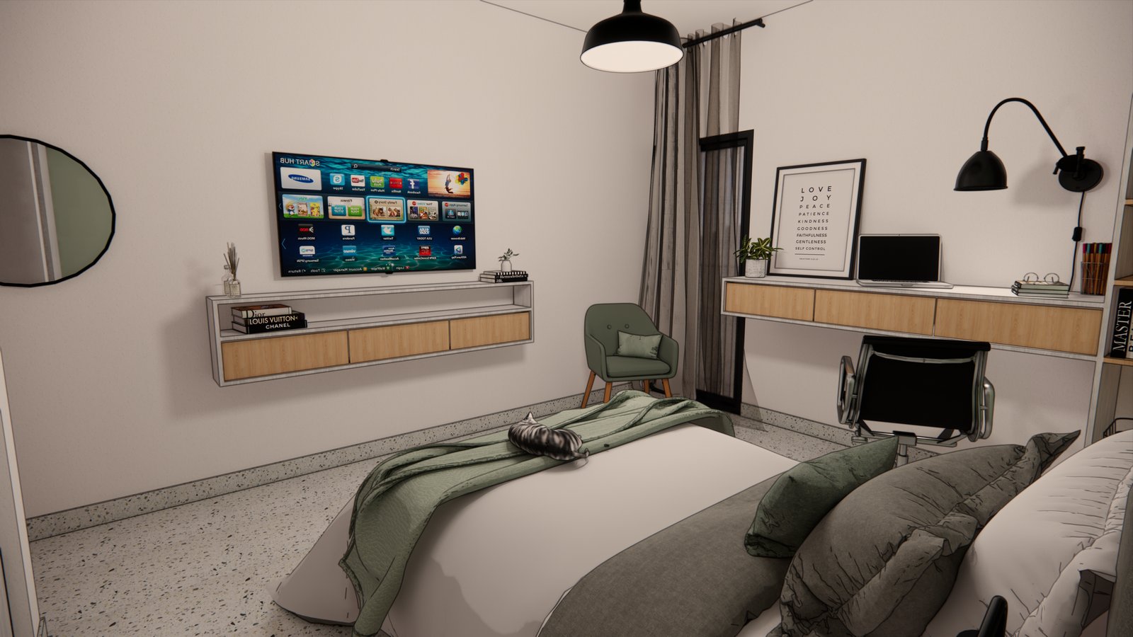 Quarto escandinavo minimalista com TV e escrivaninha — projeto PROYECTO E&F, por Todo con A, em X5125 Monte Cristo