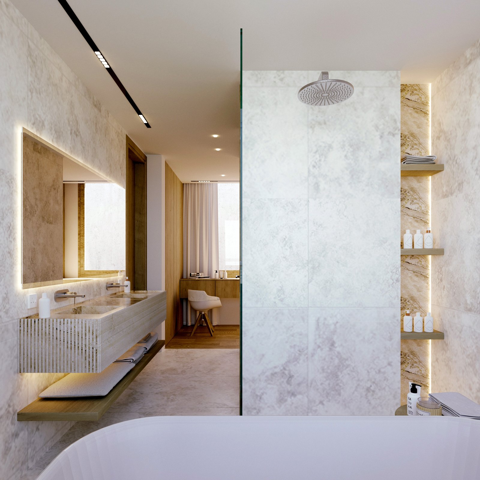 Baño moderno con paredes de piedra, vanitory flotante y ducha de lluvia — proyecto Casa SC464, por EZ architects, en La Garza