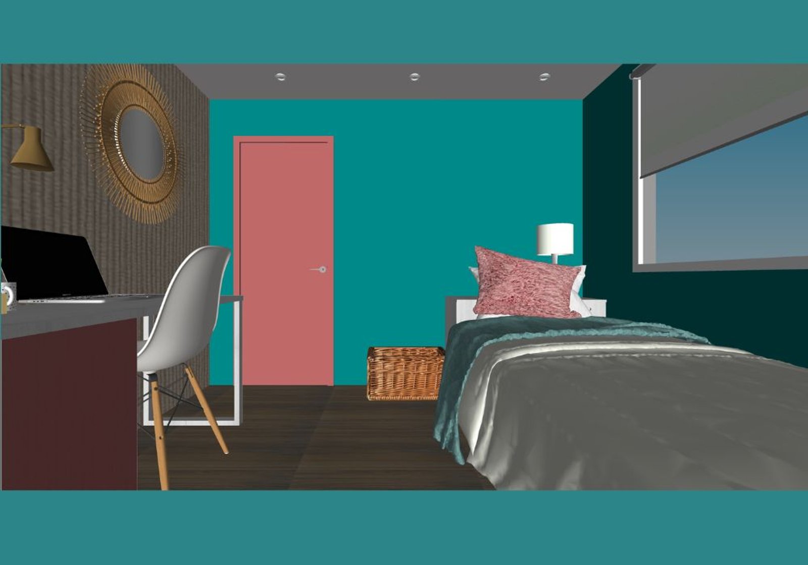 Dormitorio moderno con rincón de estudio y puerta rosa — proyecto Habitación Infantil 3 x 3 , por FA DISEÑO Y AMBIENTACION, en Bahía Blanca