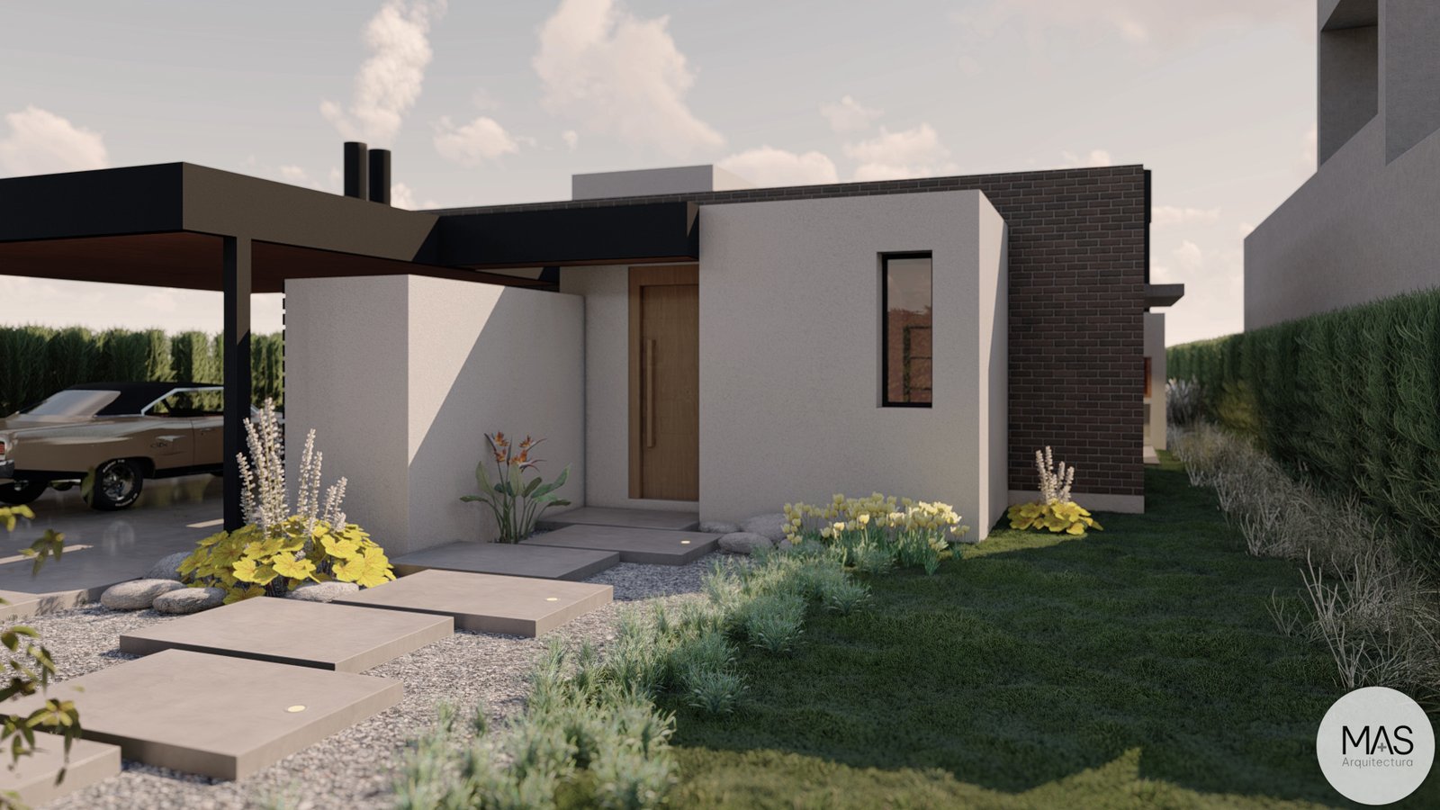 Fachada moderna con pérgola y jardín minimalista — proyecto Casa MyS + C, por  MAS Arquitectura, en Roldán