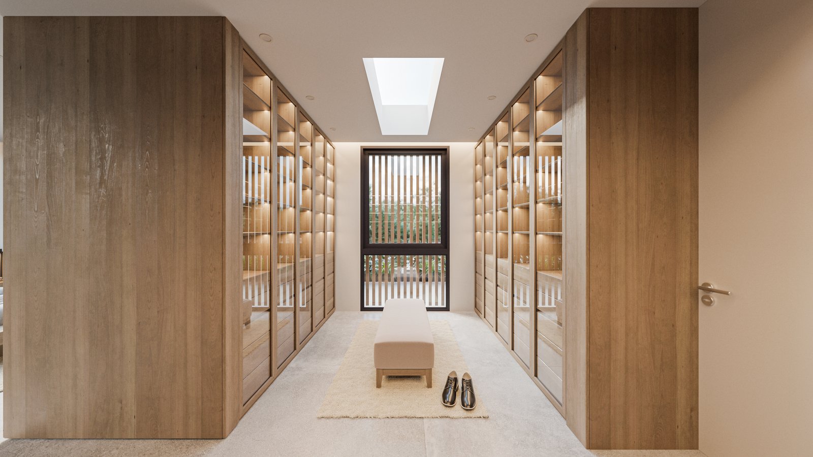 impecable vestidor de madera natural y vidrio — proyecto Casa BEAT, por Grupo CRBN, en Av. de los Lagos 1815