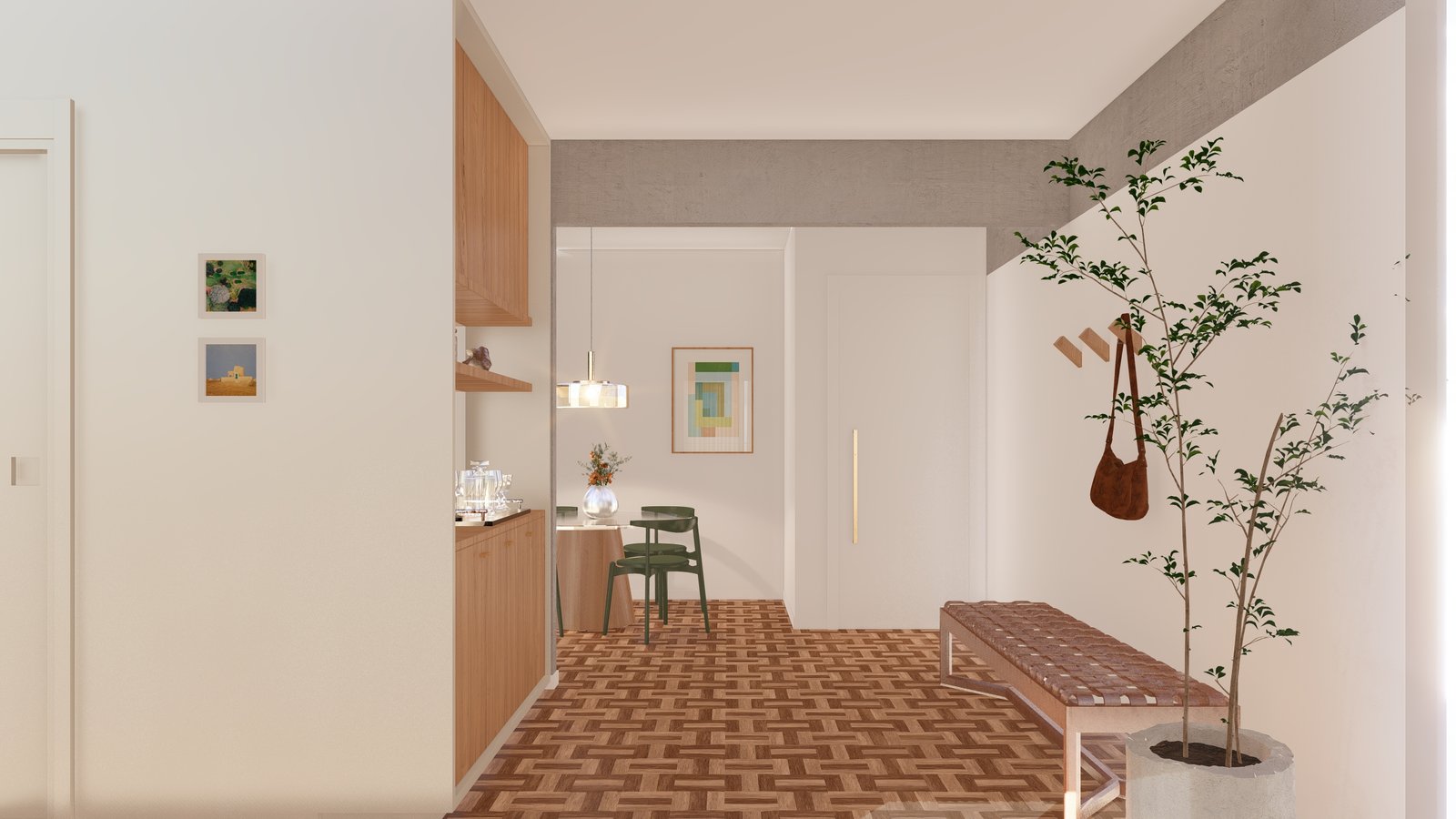 Hall de entrada escandinavo com cozinha e sala de jantar integradas — projeto Apartamento Azaleias, por Maria Laura Prado, em Vila Nova Conceição