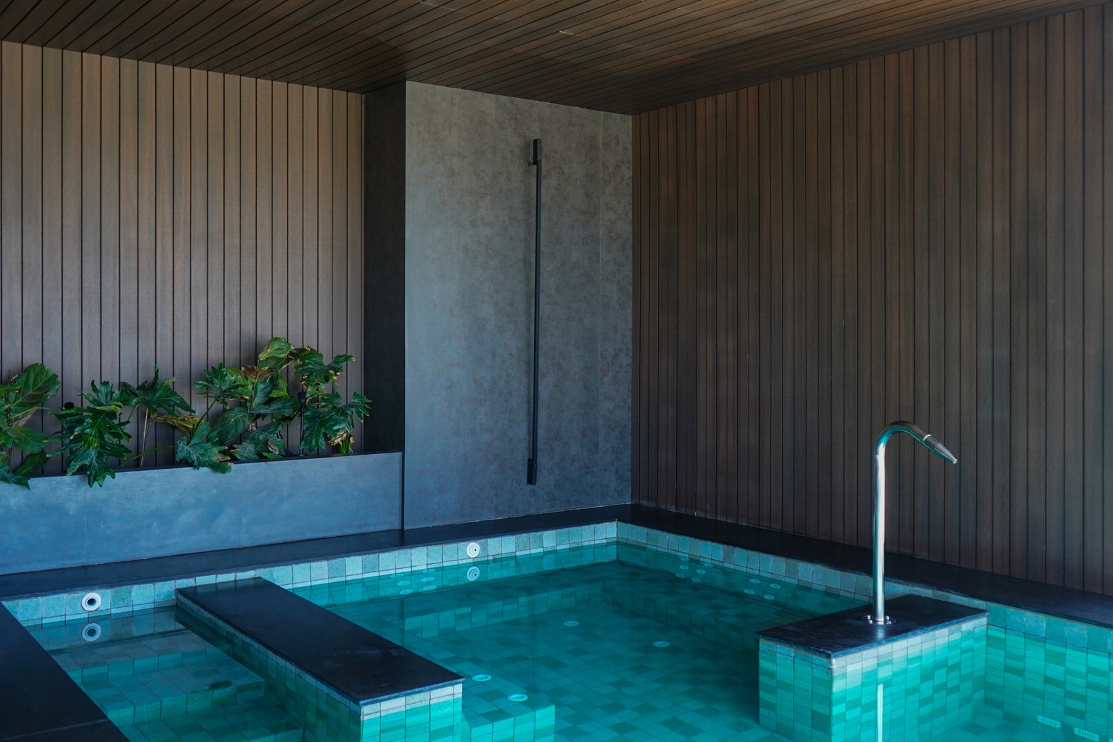 Piscina interior con paredes de madera y grifería minimalista — proyecto Obra Westwood, por lifecycle, en Pilar