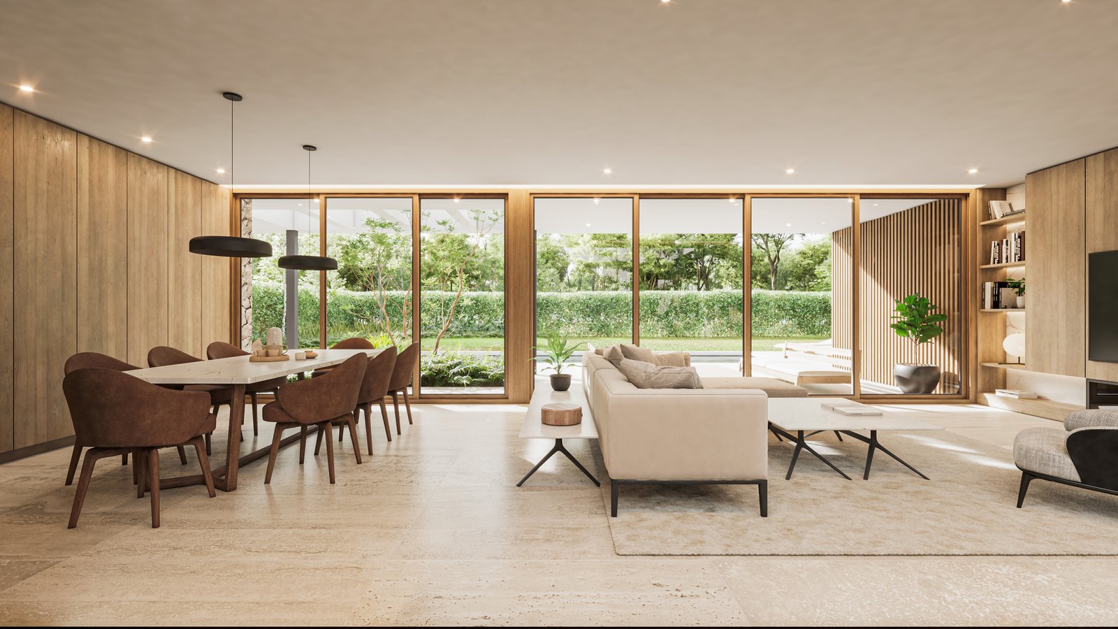 Living comedor moderno con ventanales amplios y detalles en madera — proyecto Casa CITY, por Grupo CRBN, en City Bell