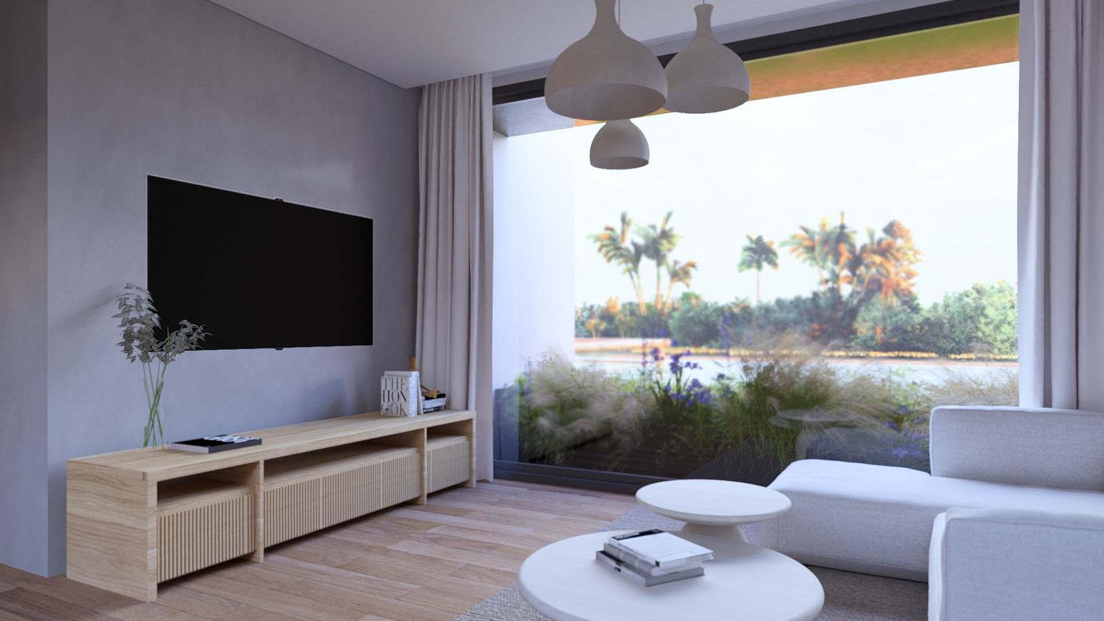 Living moderno con vista a la costa y sofá curvo — proyecto Casa AT , por Hermann Arquitectos, en Av. de los Lagos
