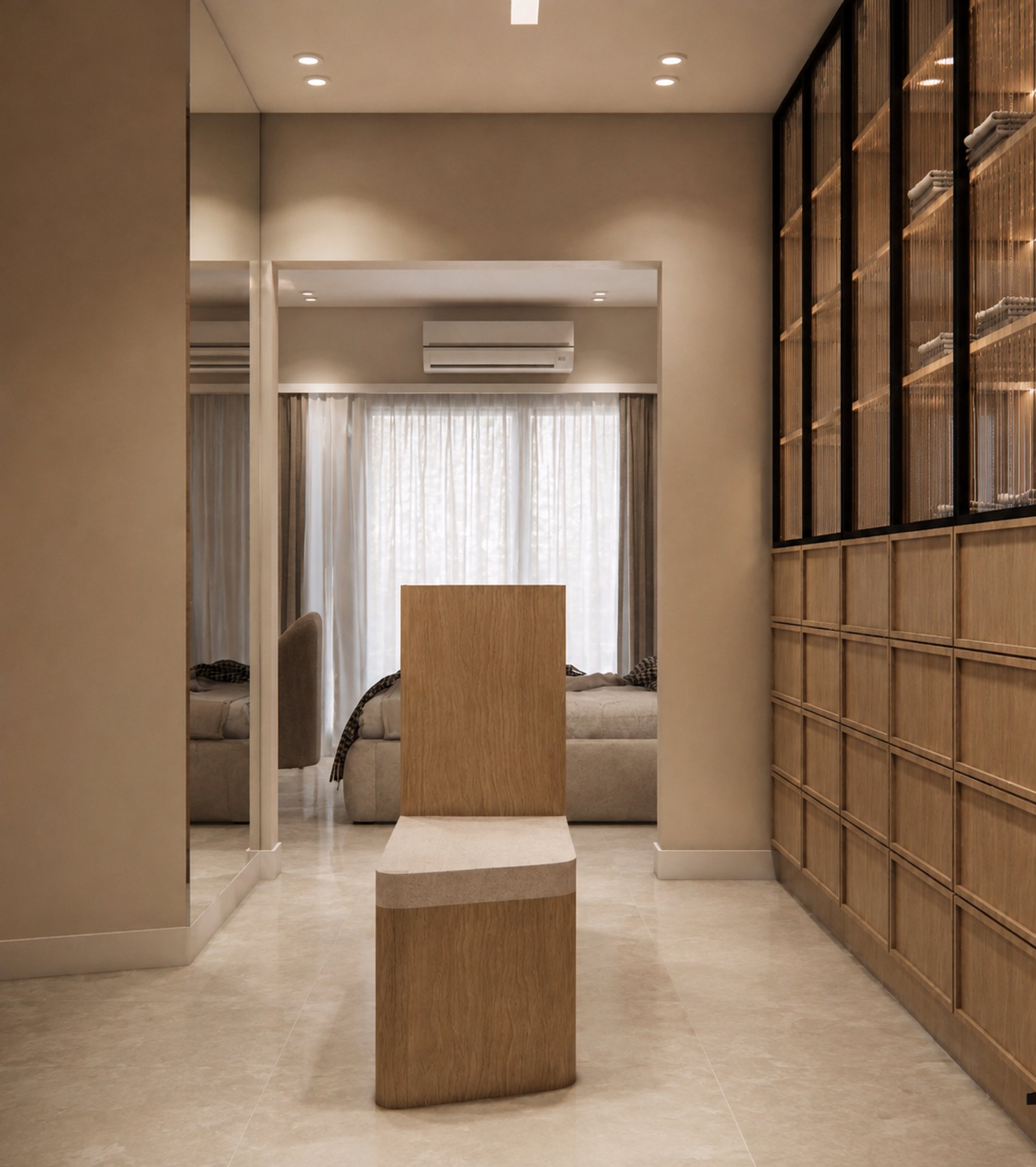 Quarto moderno com cadeira de madeira e prateleira de vidro — projeto Diseño de casa estilo japandi, por Mela Deco Design, em Belén de Escobar