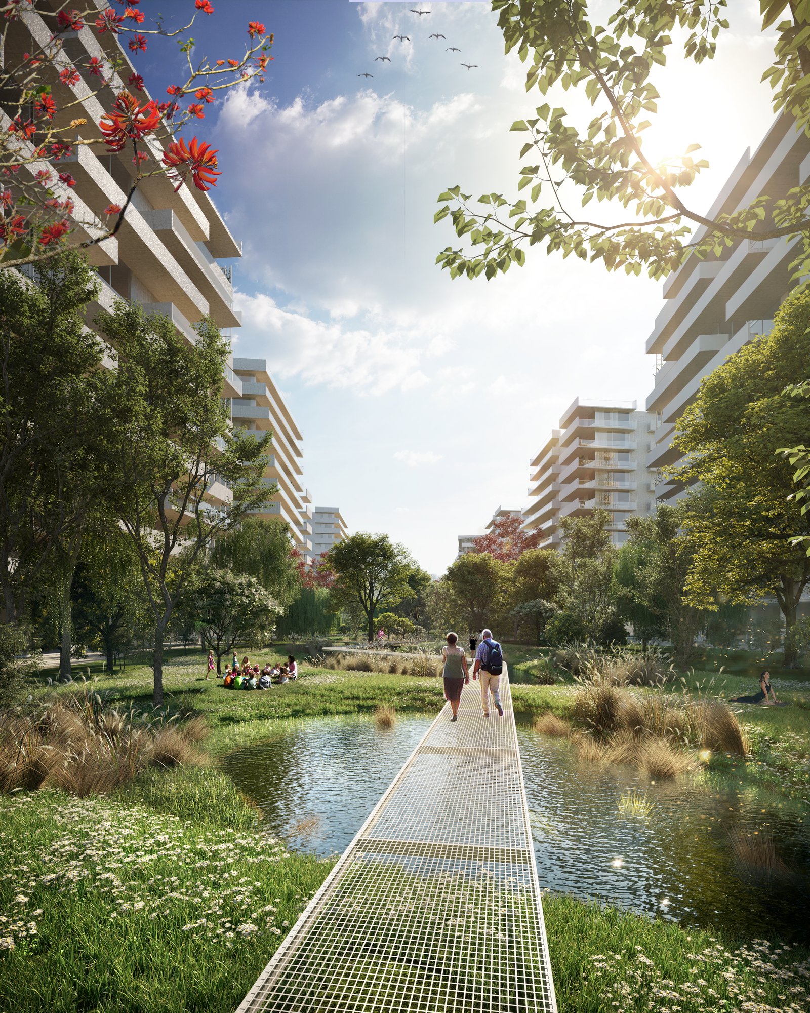 Edifício moderno com ponte sobre a água e muita vegetação — projeto Distrito - Yerba Buena, Tucumán, por Estudio Rifahi, em Yerba Buena