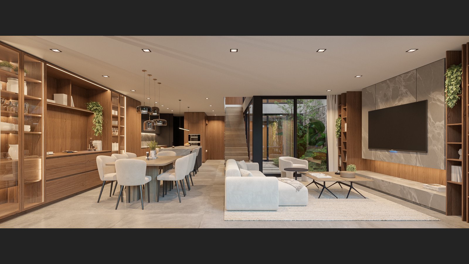 Living comedor cocina moderno con madera y mármol — proyecto Casa IZA, por Grupo CRBN, en Villa Urquiza