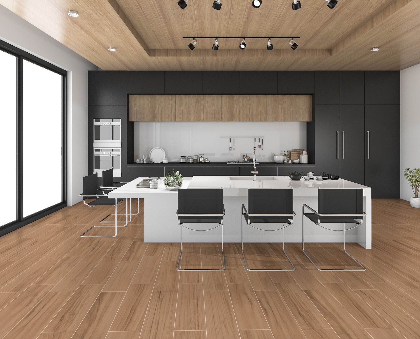 Cocina moderna con isla central, isla de cocina y muebles de madera oscura — proyecto 20x80, por Cerámica Alberdi 