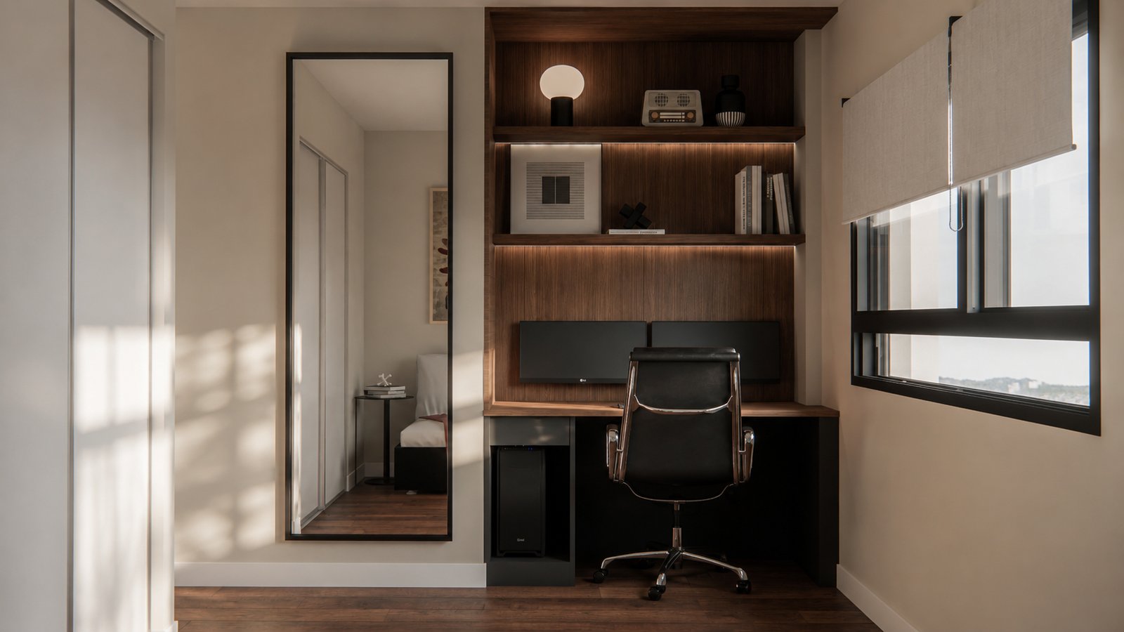 Oficina moderna con escritorio de madera oscura y espejo grande — proyecto Diseño de departamento juvenil , por Mela Deco Design, en Buenos Aires