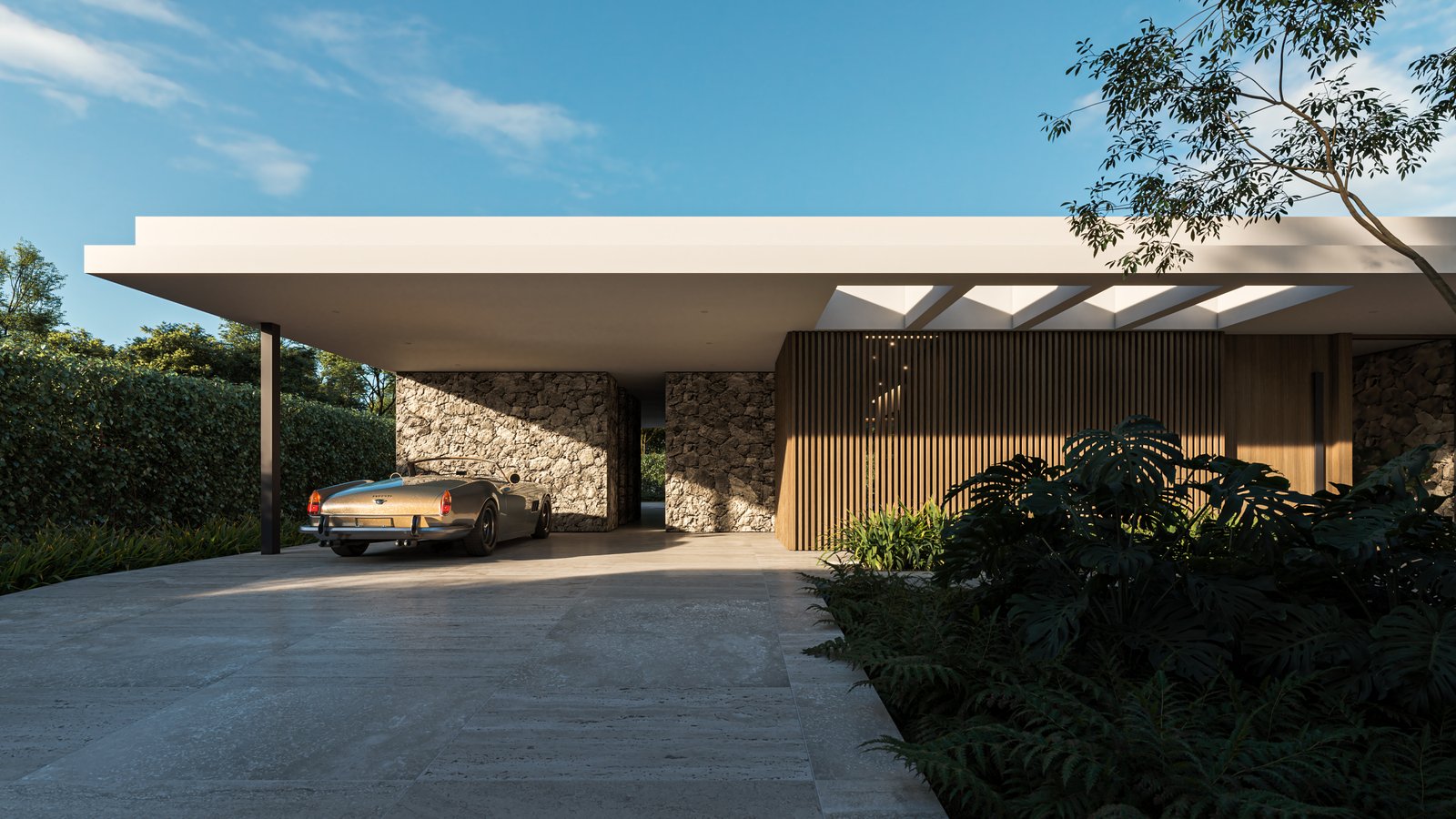 Fachada moderna con techo voladizo y auto clásico — proyecto Casa CITY, por Grupo CRBN, en City Bell