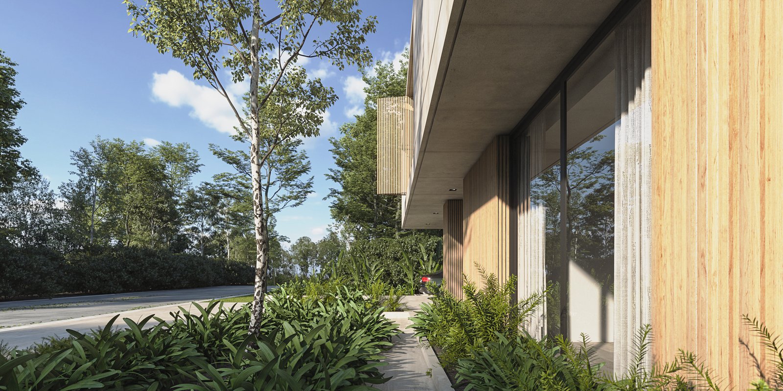 Fachada moderna con revestimiento de madera y grandes ventanales — proyecto Casa TERRA, por Grupo CRBN, en Los Robles 5901