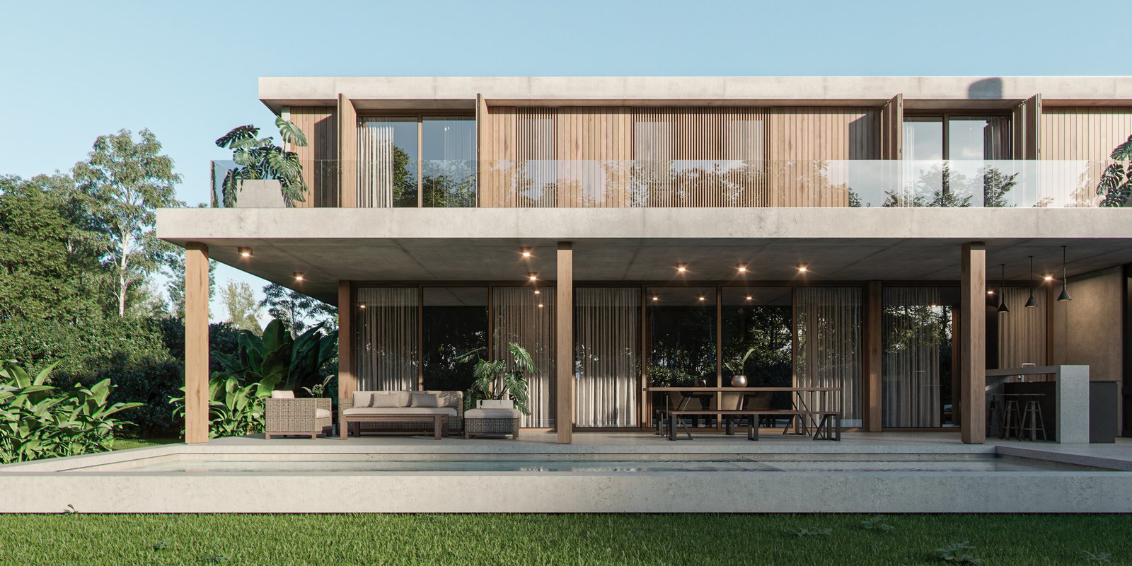fachada moderna de dois andares com madeira e concreto, estilo contemporâneo — projeto Casa BRAVA, por Grupo CRBN, em Alejandro Korn