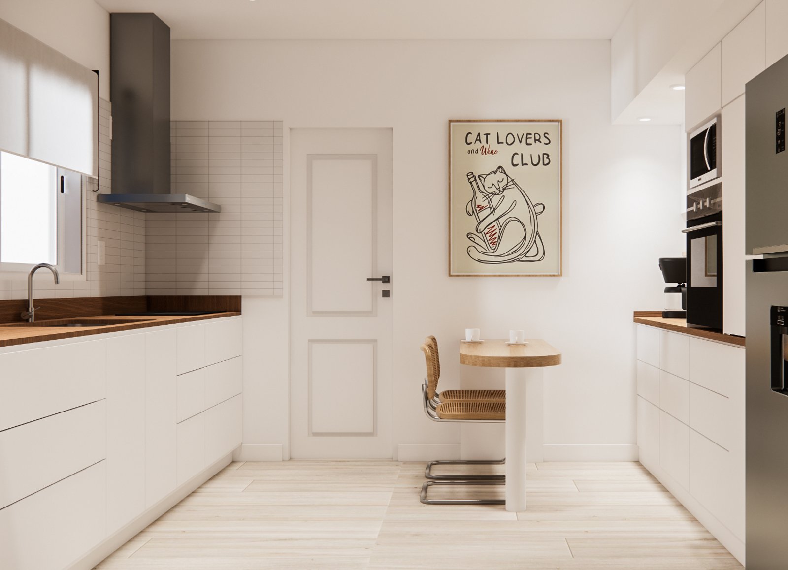 Cozinha moderna minimalista escandinava, armários brancos e mesa redonda — projeto Cocina moderna con coffee table, por Mela Deco Design