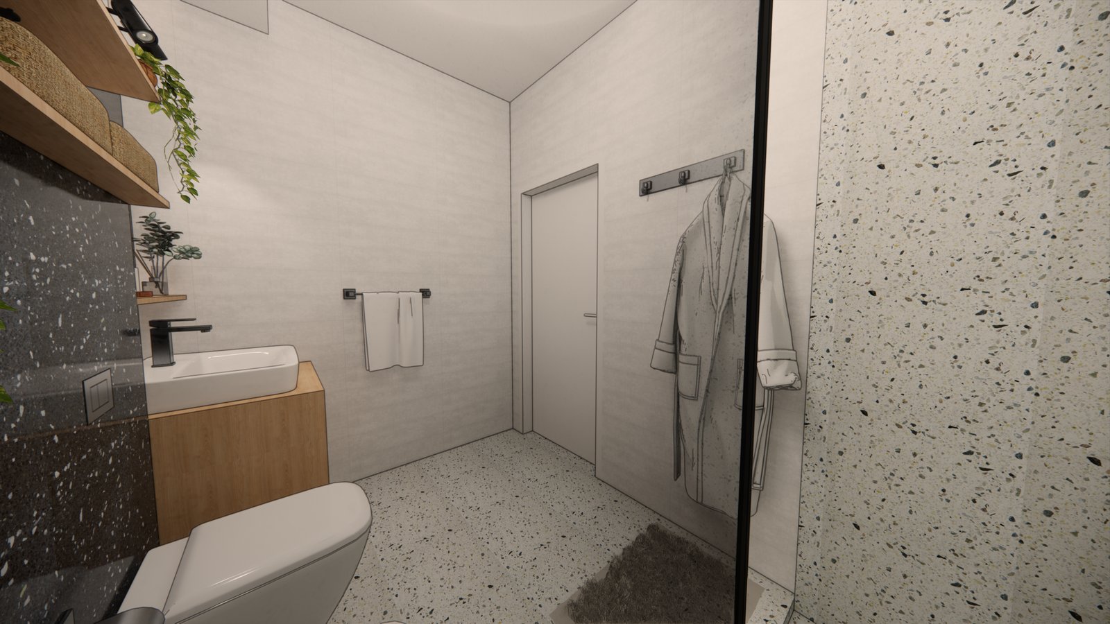 Baño moderno minimalista con superficies de terrazo y madera — proyecto PROYECTO BM, por Todo con A, en X5125 Monte Cristo