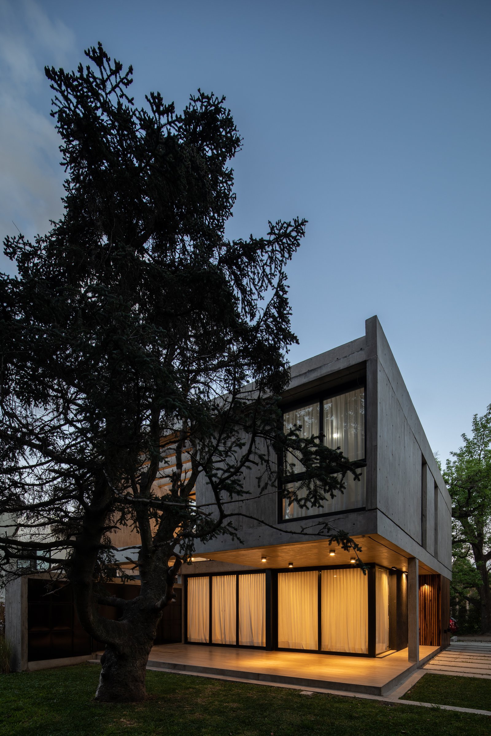 fachada moderna de concreto com árvore imponente ao entardecer — projeto Casa Emilia, por Grupo CRBN, em Parque Leloir