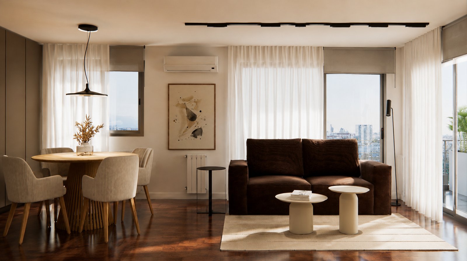Sala de jantar e estar moderna com sofá marrom e mesa redonda — projeto Diseño cálido de departamento, por Mela Deco Design, em Rosario