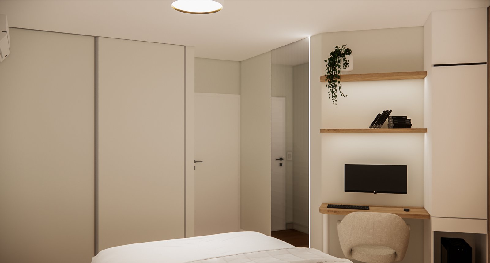 Quarto moderno com canto de escritório e armário embutido — projeto Diseño de departamento moderno y elegante, por Mela Deco Design, em Buenos Aires