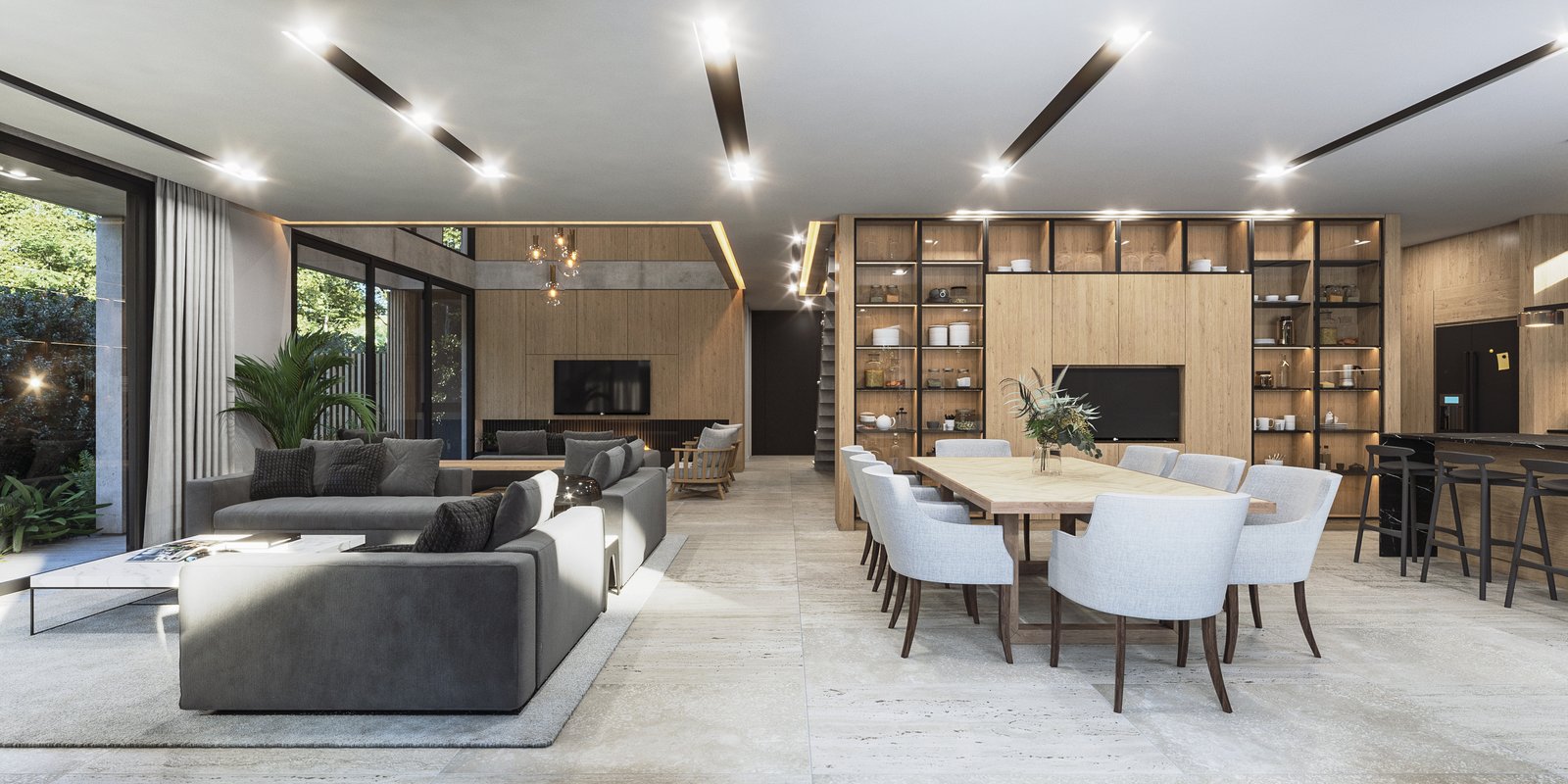 Living comedor moderno con ventanales y madera — proyecto Casa TERRA, por Grupo CRBN, en Los Robles 5901