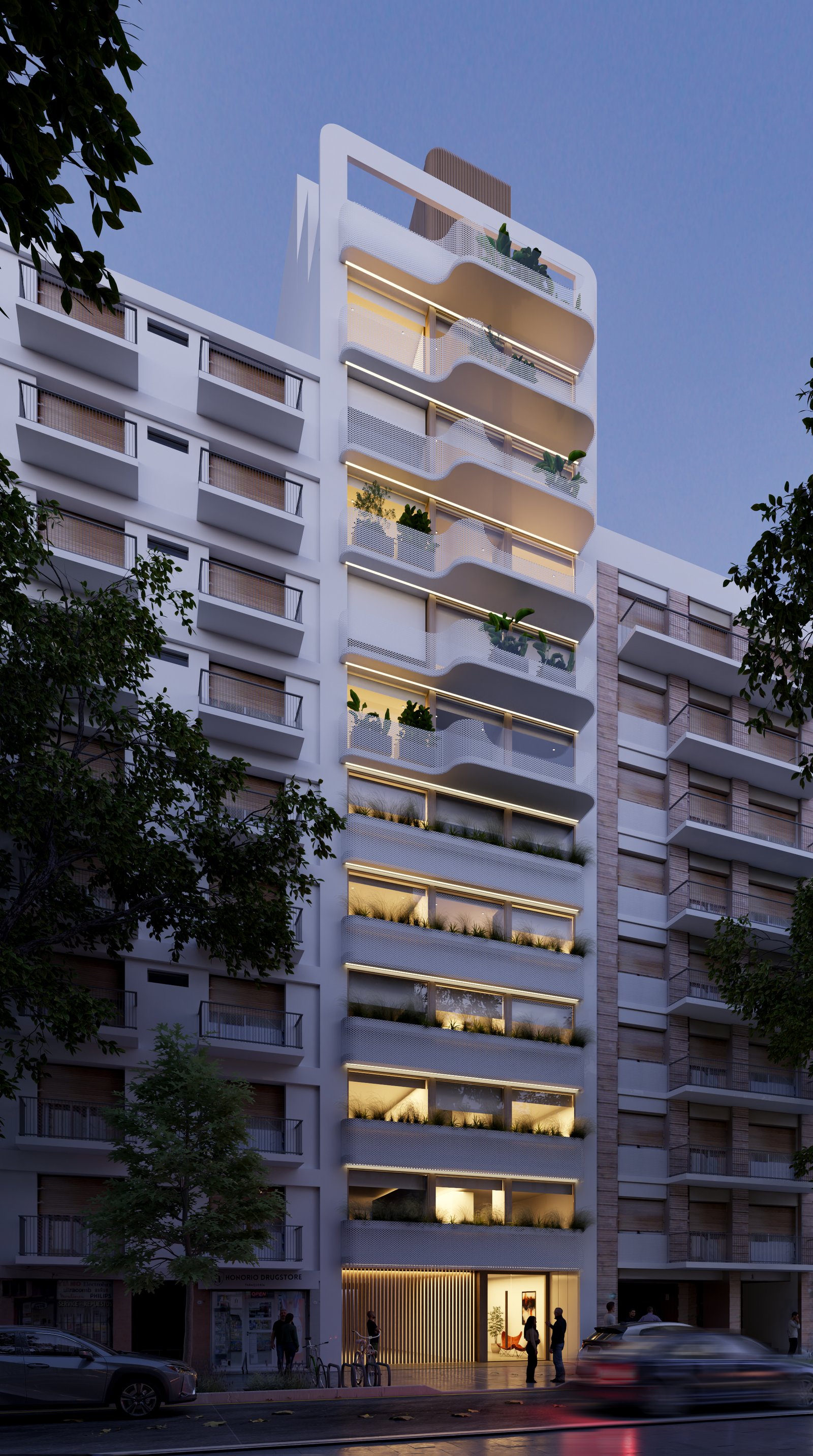 Fachada moderna de edificio de departamentos con balcones curvos e iluminación cálida — proyecto Edificio Juncal, por LW Lopez Wolder arquitectos, en Juncal 2463