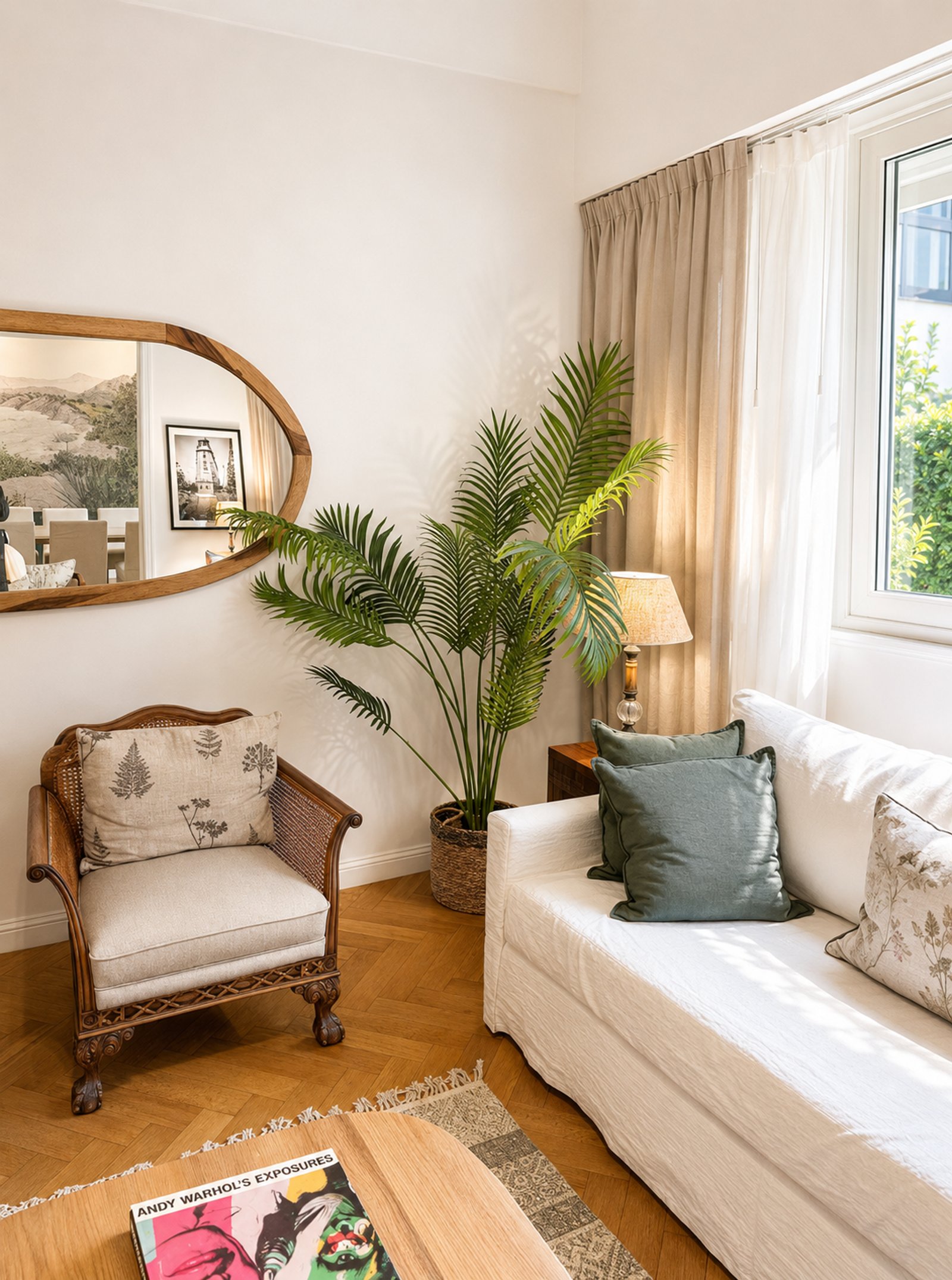 Sala de estar con sofá blanco, sillón de ratán, palmera y espejo ovalado — proyecto Arenales, por Equipe, en Buenos Aires