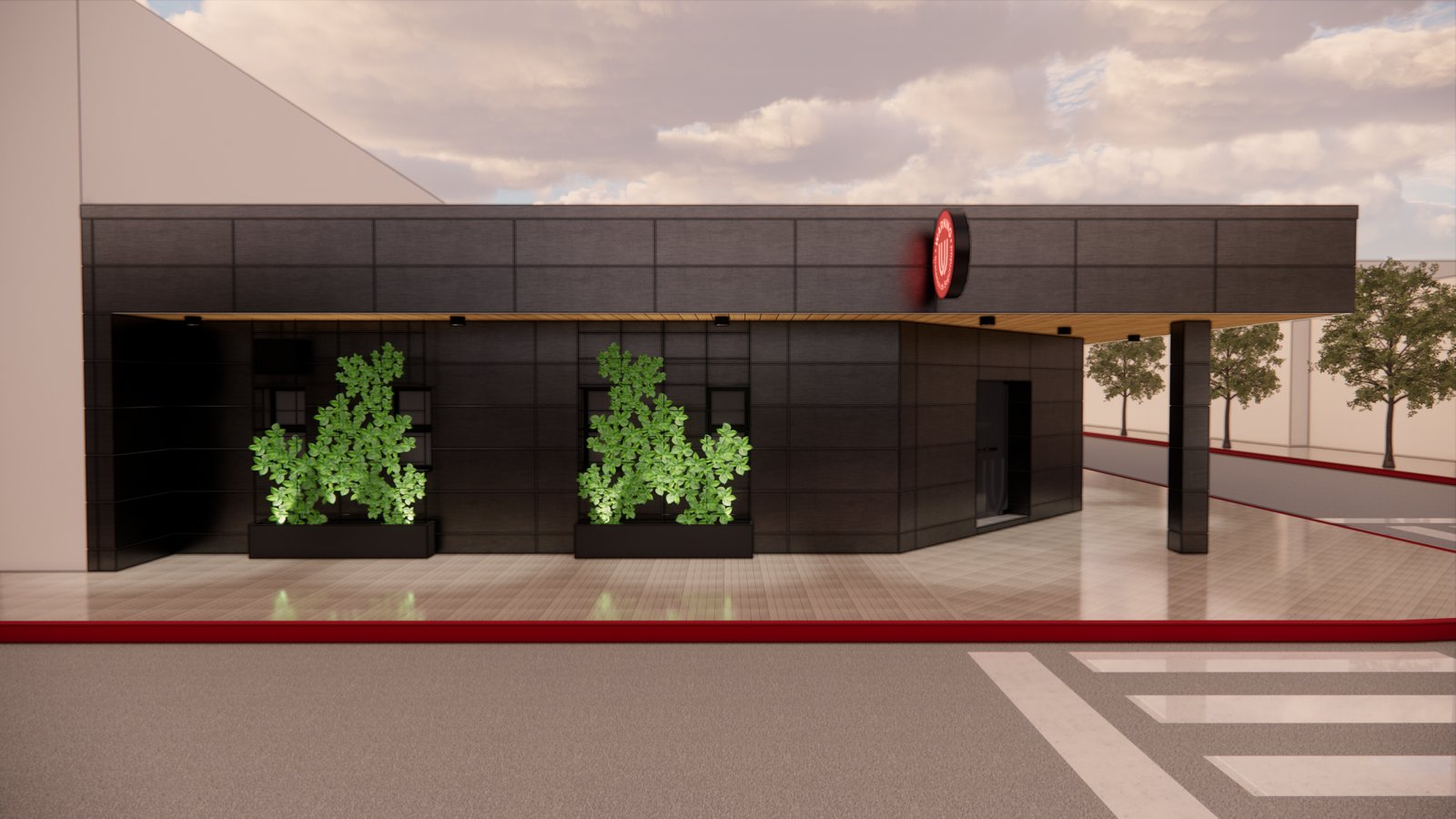 Fachada moderna comercial con jardineras verdes y logo rojo — proyecto FACHADA WARNING, por Todo con A, en Córdoba