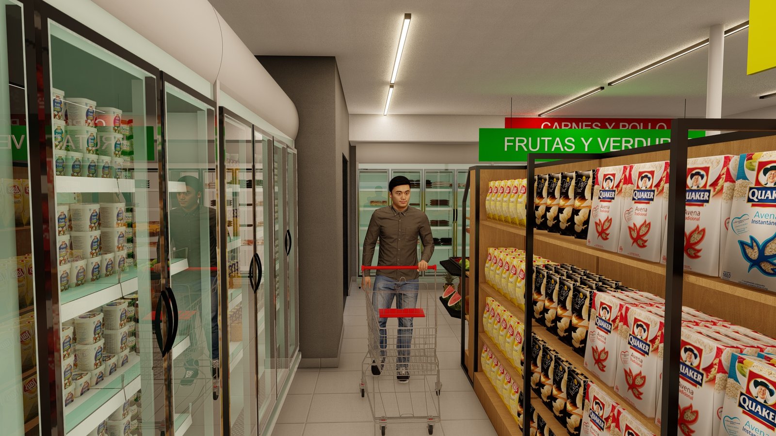 Supermercado moderno con estanterías y heladeras — proyecto Ahyre Norte, por L8A | interiorismo & arquitectura, en Añelo