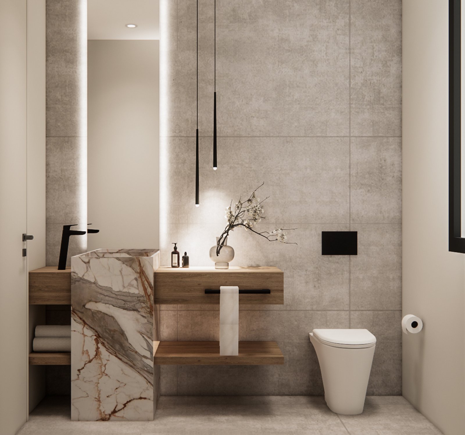 Banheiro moderno com mármore e pedra, iluminação indireta — projeto Casa moderna con espacio de cocina integrada, por Mela Deco Design, em Buenos Aires
