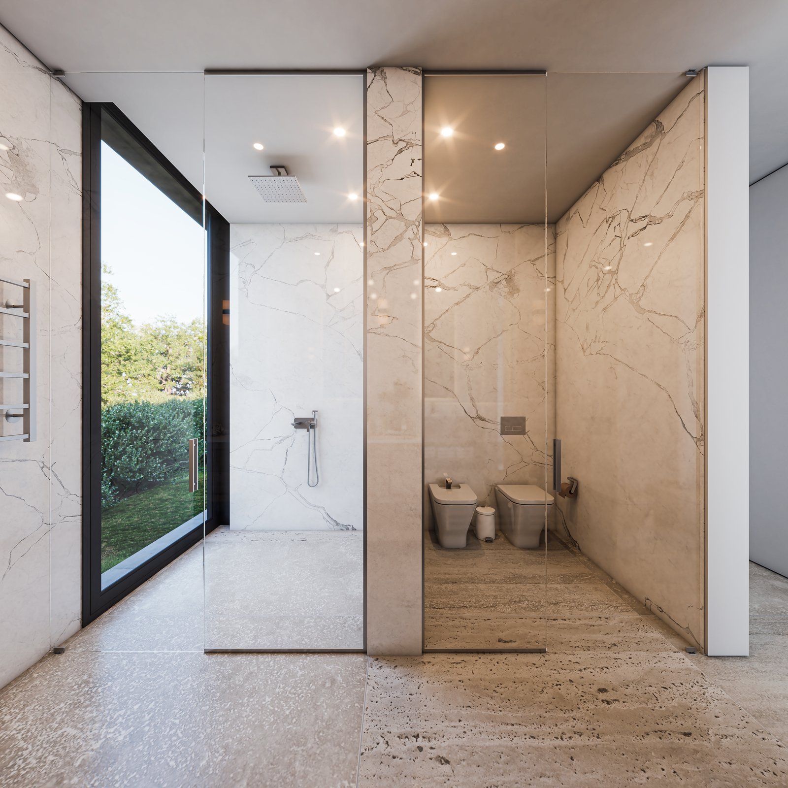 Banheiro moderno com paredes de mármore e vista externa — projeto Casa GOLF, por Grupo CRBN, em Ruta Panamericana Nº. 9